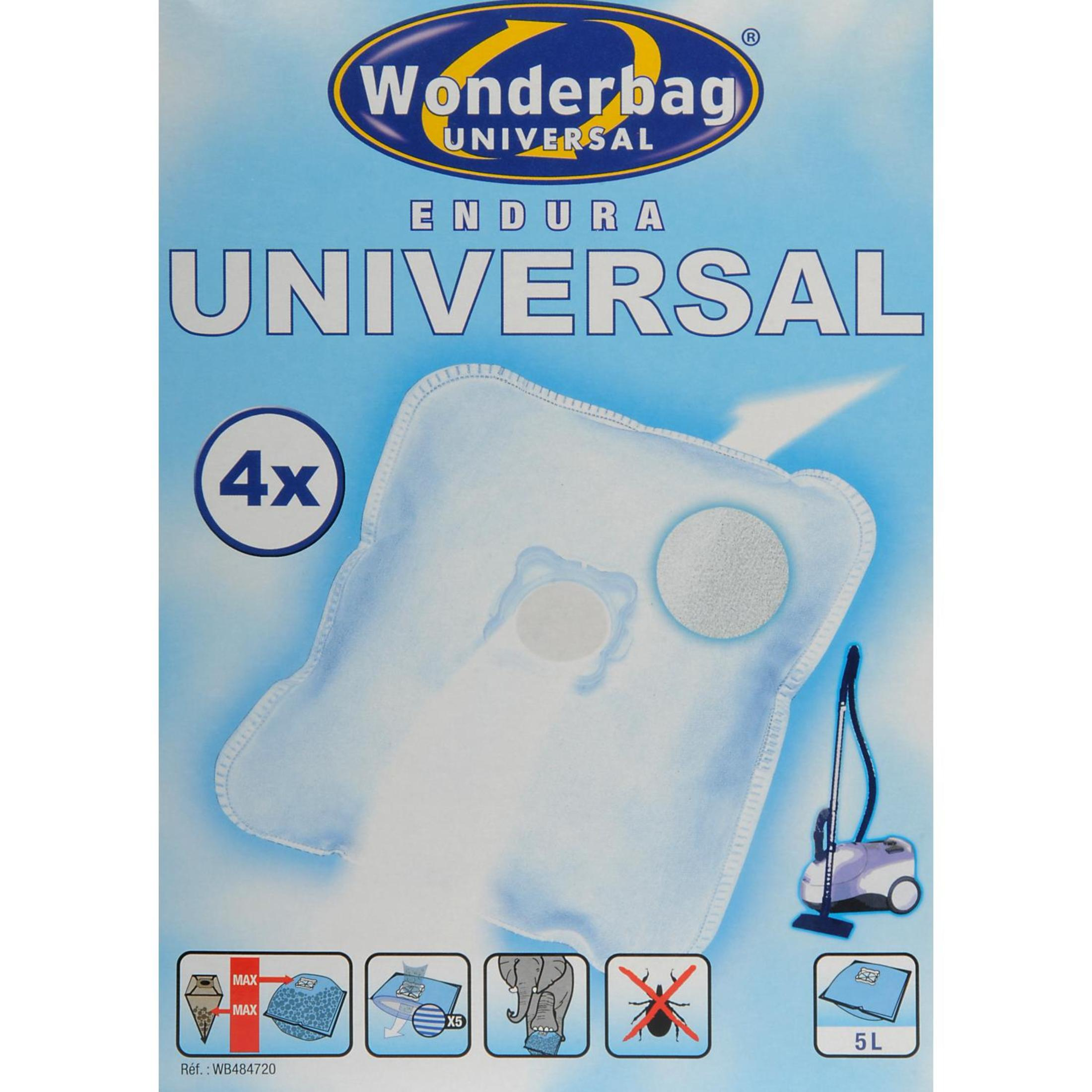 Bolsas aspiradora Wonderbag Universal, 4 unidades, 5L. Incluye iconos: nivel máx, elefante, insecto.