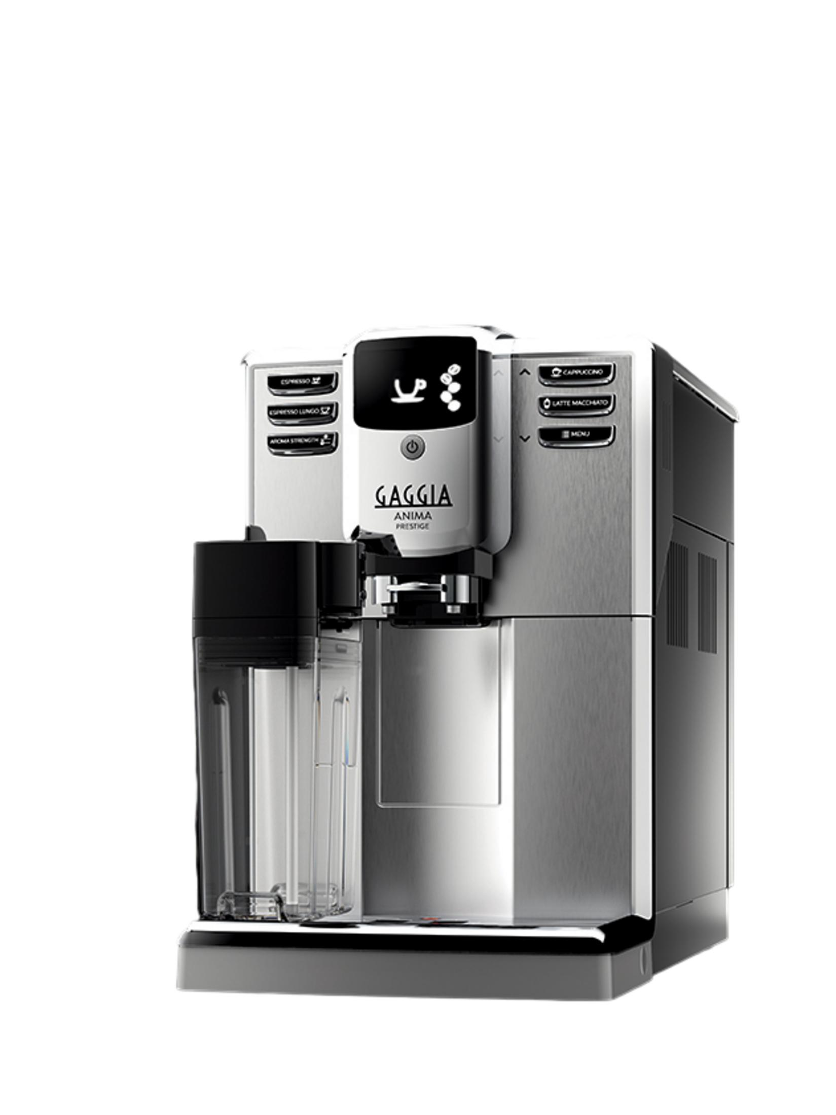 Srebrna ekspres do kawy Gaggia z czarnym zbiornikiem na wodę i cyfrowym wyświetlaczem.