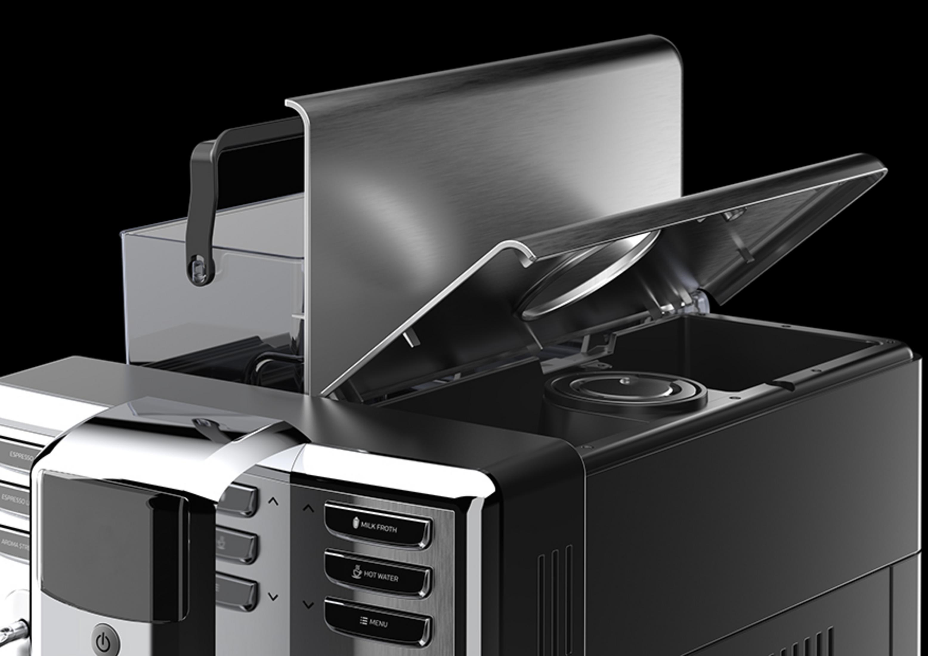 Ekspres do kawy z otwartą pokrywą i zbiornikiem na wodę.