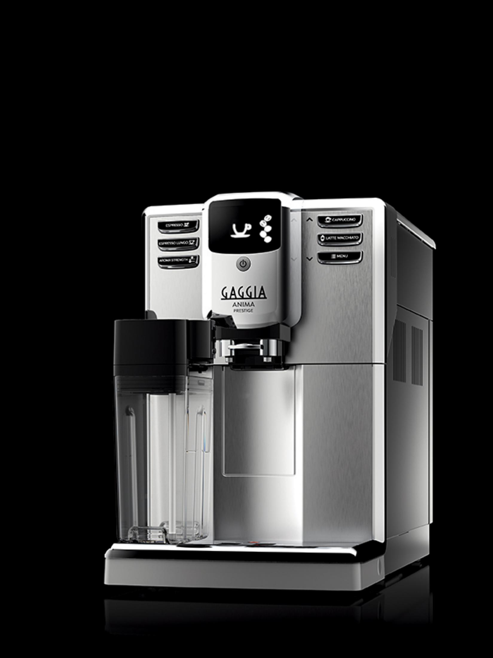 Srebrna ekspres do kawy Gaggia z czarnym zbiornikiem na wodę i panelem sterowania.