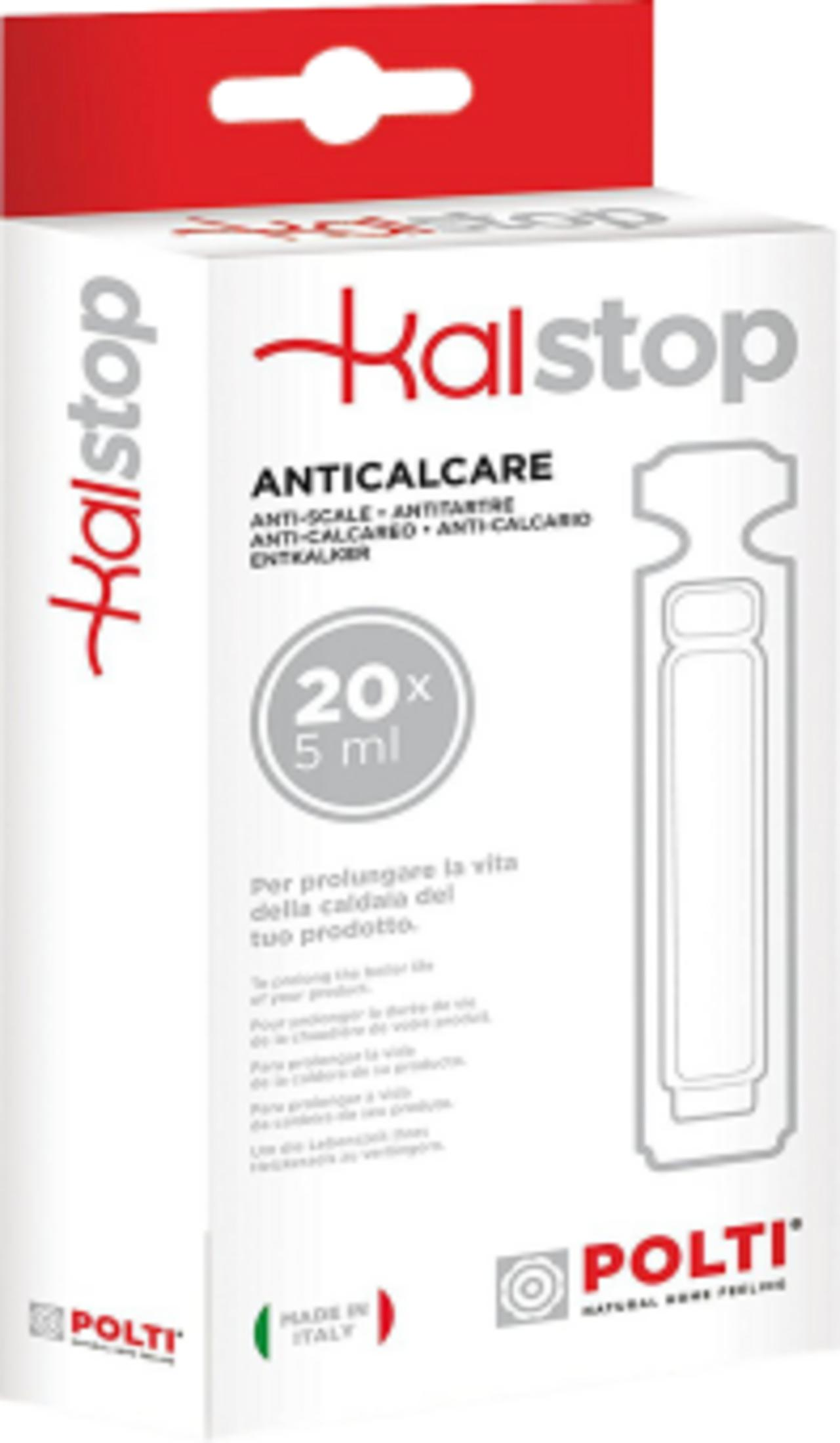Weiße Verpackung mit Kalstop-Logo und Antikalk-Produktinformationen.