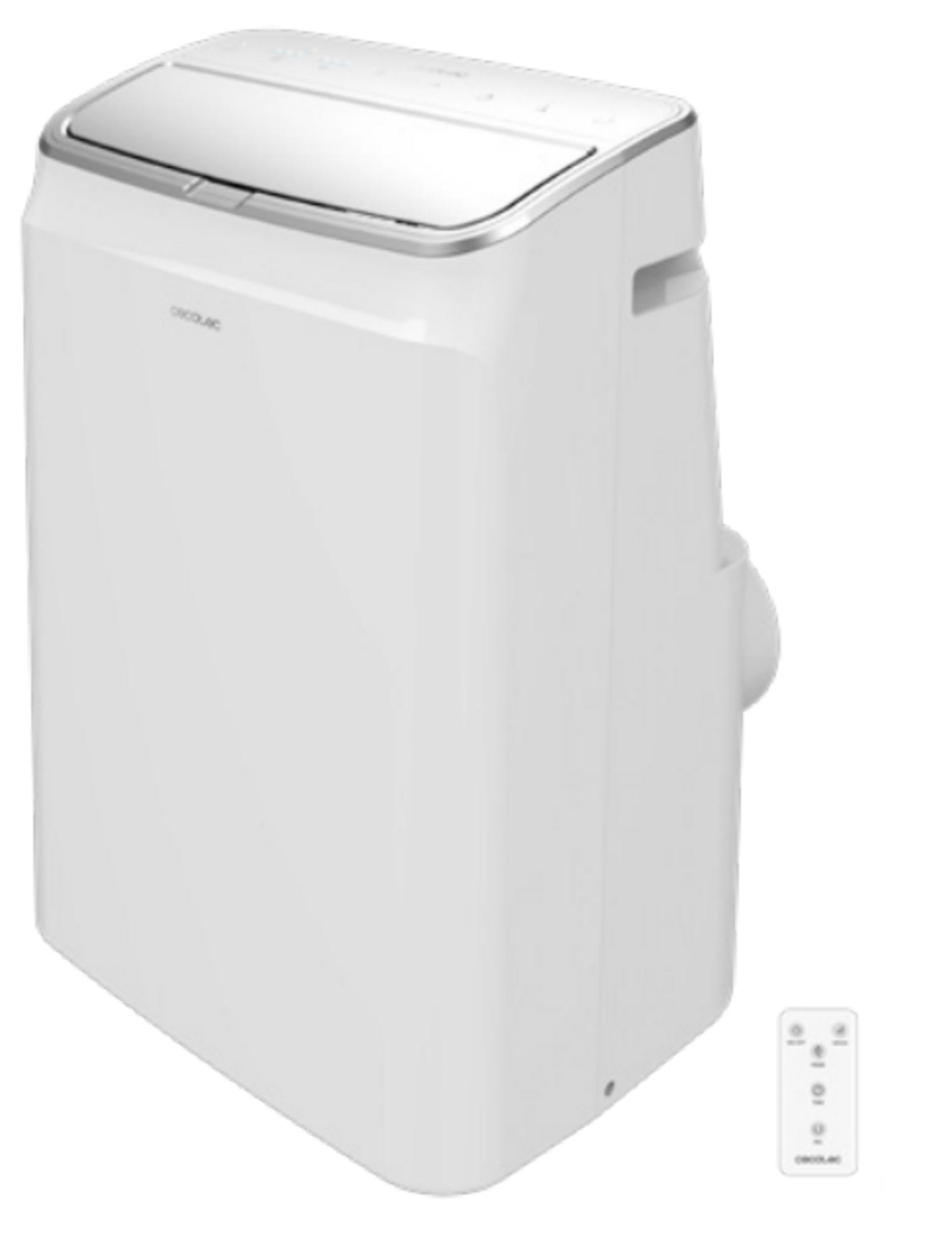 Biała przenośna jednostka klimatyzacyjna z pilotem.