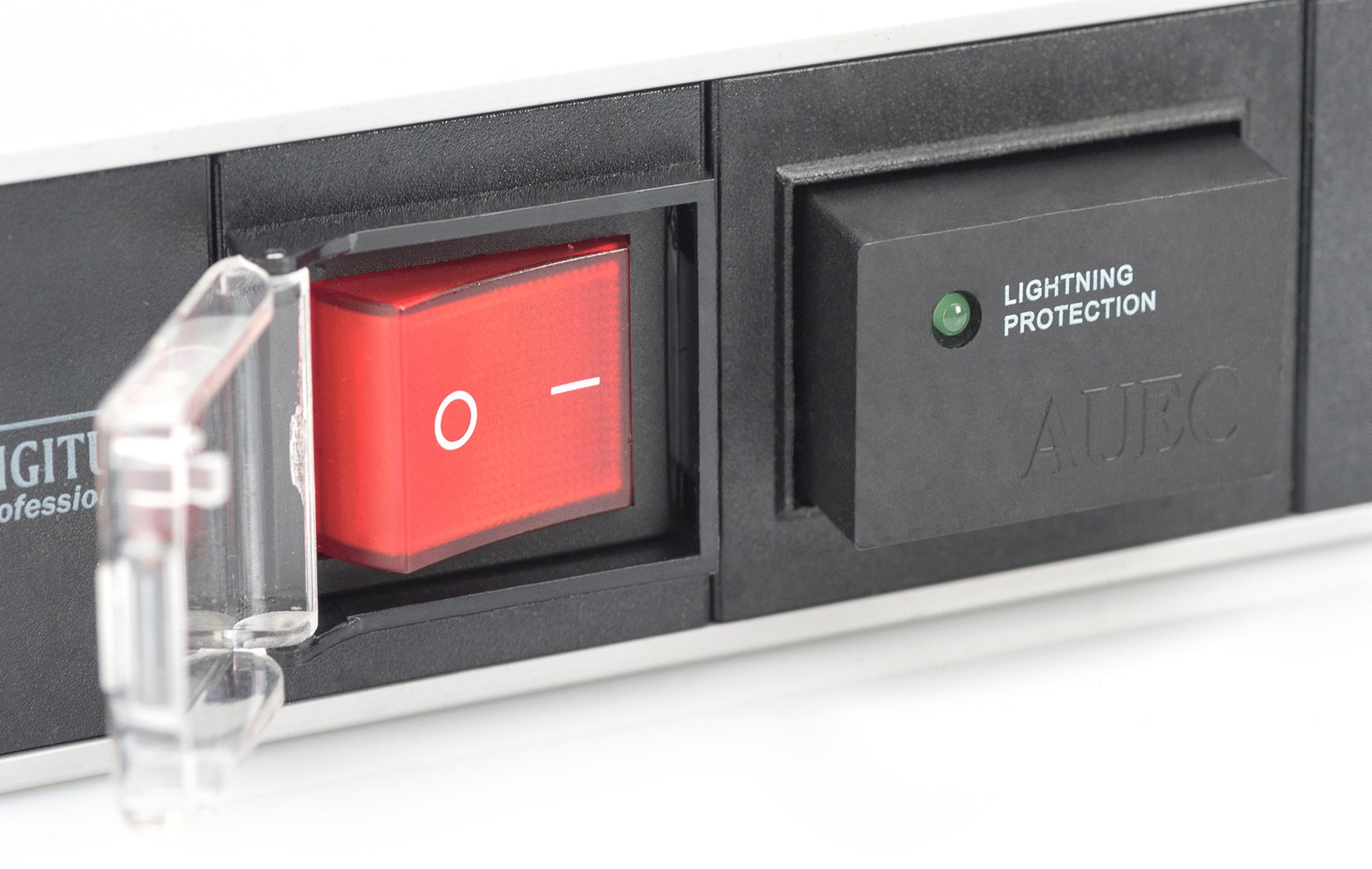 Czerwony przełącznik kołyskowy z osłoną i zieloną diodą "Lightning Protection".