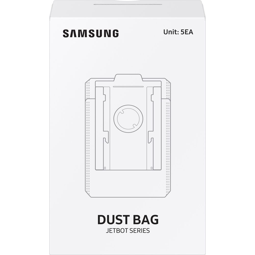 Pudełko z logo Samsung, schemat worka na kurz i napisem „DUST BAG”.