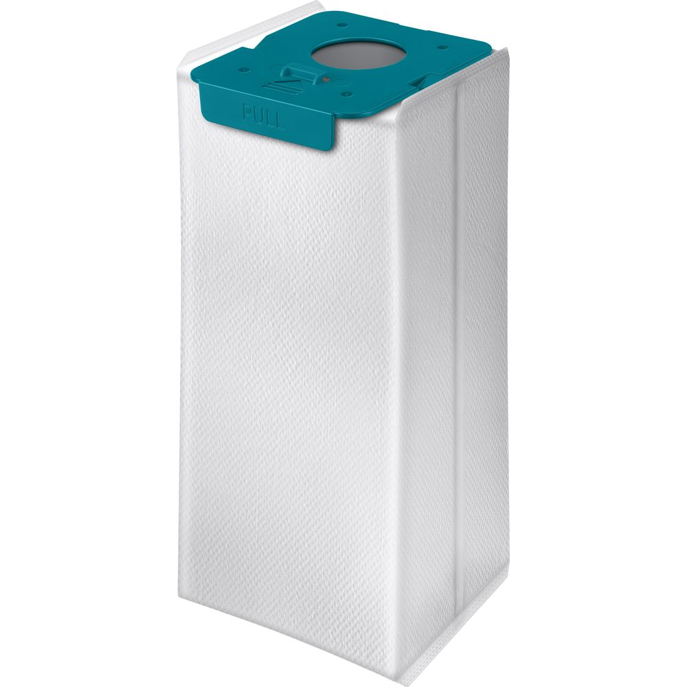 Biały worek do odkurzacza z niebieskim zamknięciem i napisem "PULL".