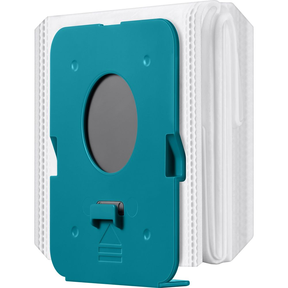 Niebiesko-zielony uchwyt worka do odkurzacza z szarym owalnym wycięciem i białymi workami papierowymi.