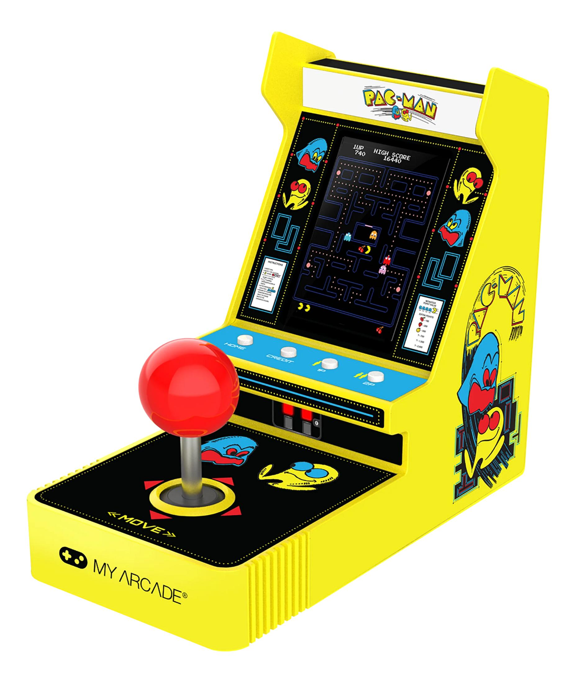 Ein gelbes Pac-Man Arcade-Minispiel mit rotem Joystick und Spielbildschirm.