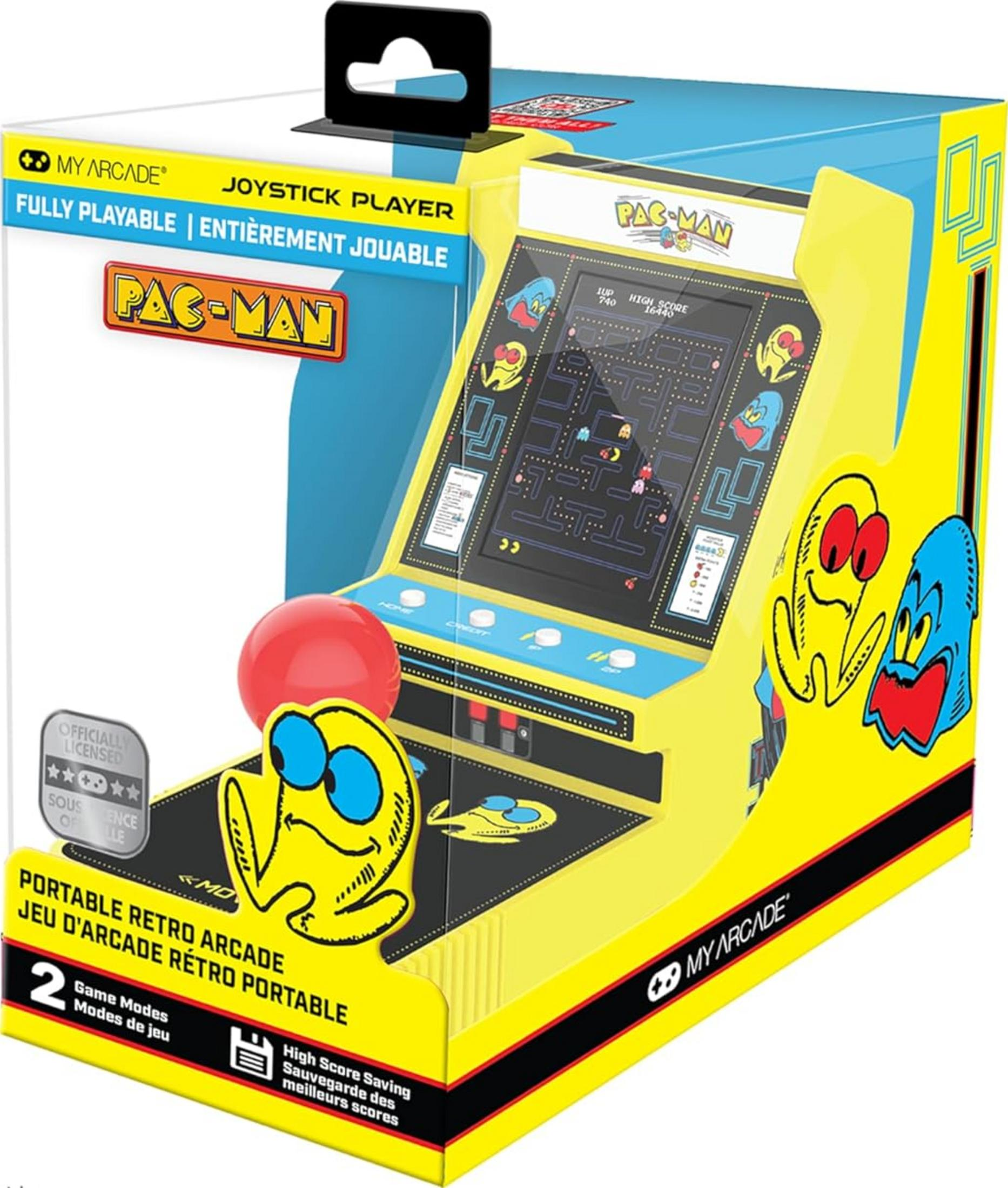Gelbe Pac-Man Arcade-Box mit rotem Joystick und Spielbildschirm.