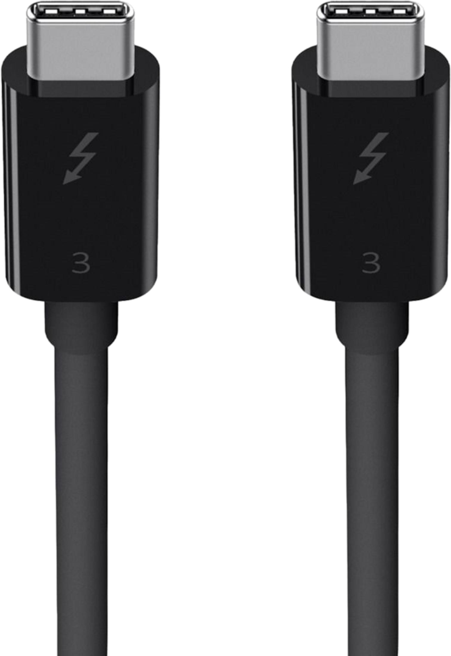 Zwei schwarze Kabel mit Thunderbolt 3 Anschlüssen. Nahaufnahme.