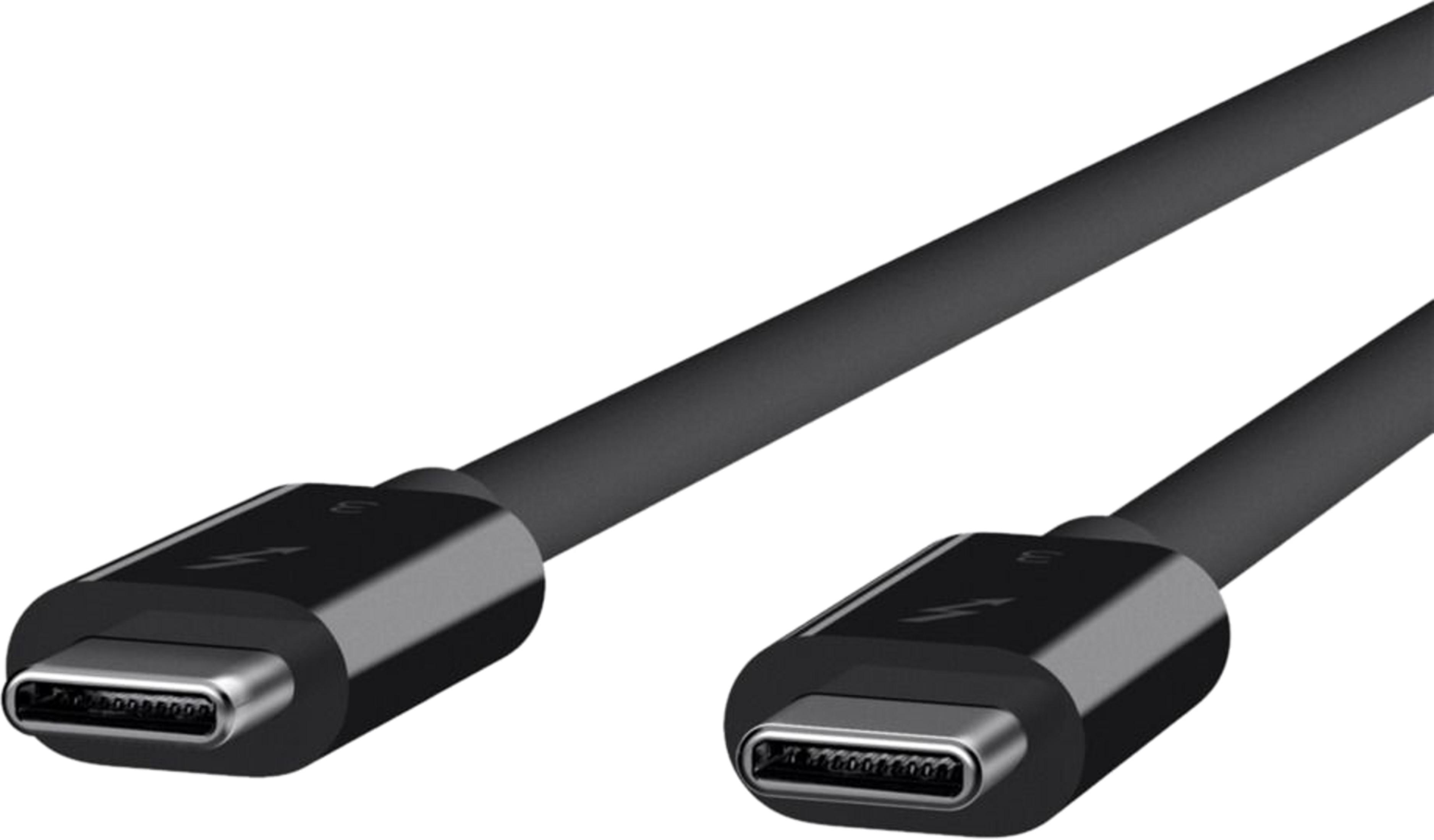 Ein schwarzes USB-C-Kabel mit zwei Steckern, auf denen ein Blitzsymbol abgebildet ist.