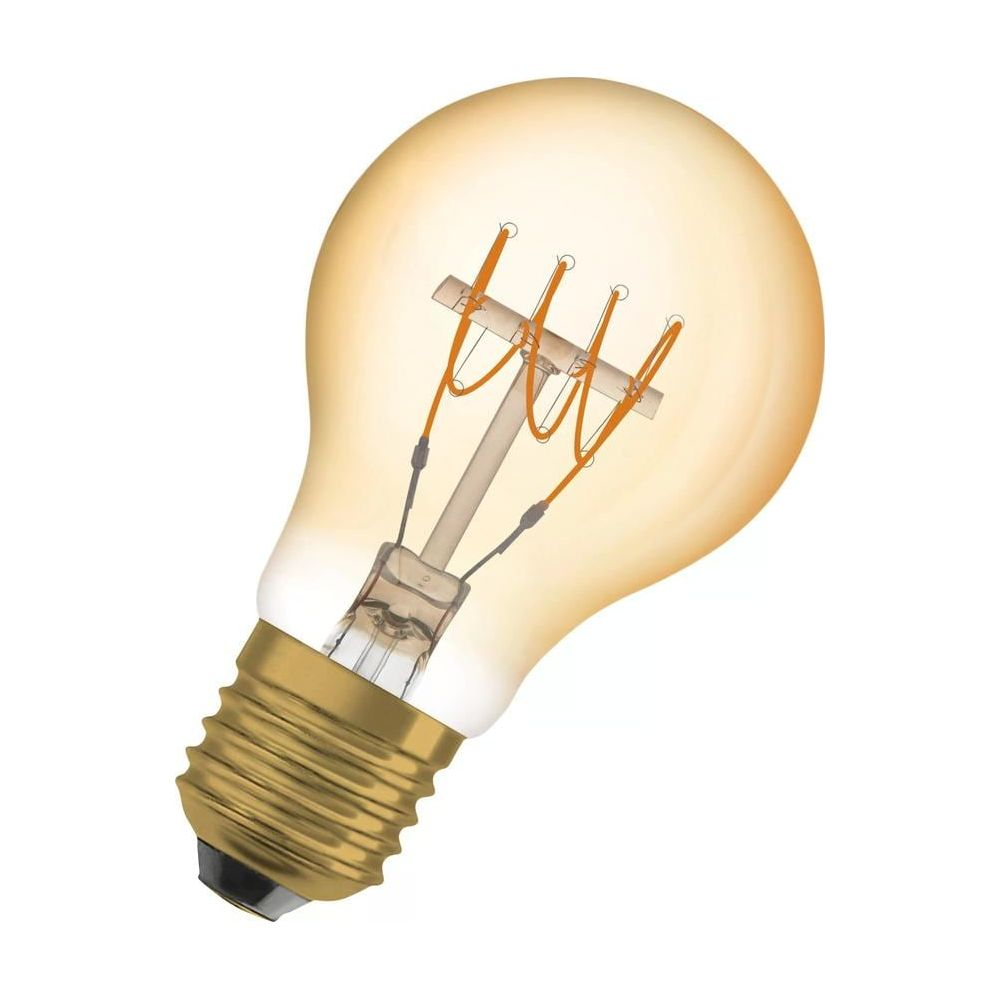 Bursztynowa żarówka z widocznym żarnikiem na białym tle.