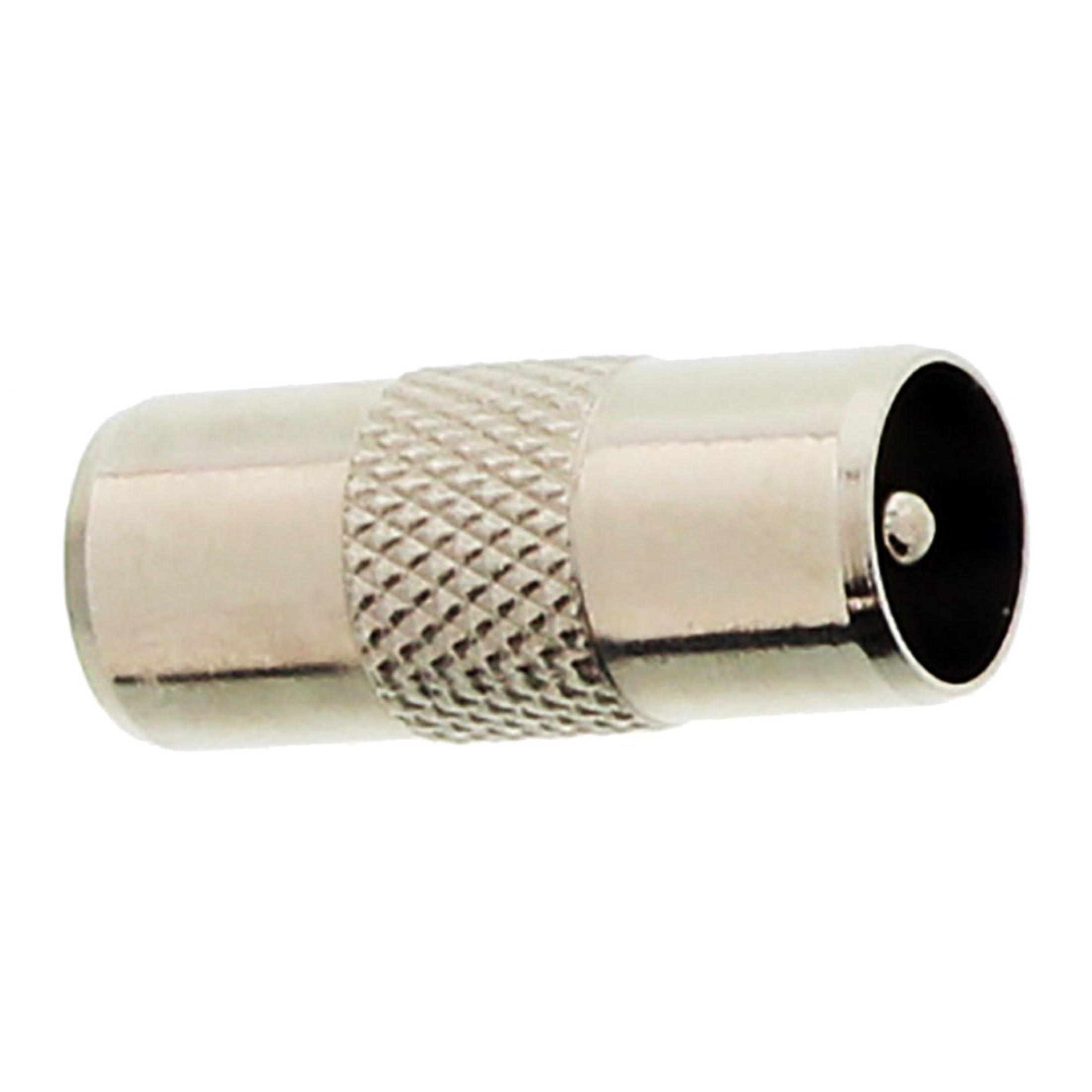 Ein silberner Koaxialstecker mit gerändeltem Griff und Mittelstift.