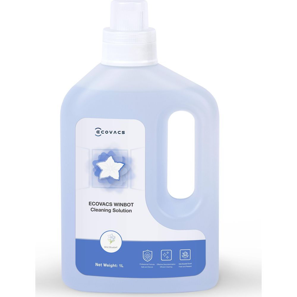 A 1L bottle of ECOVACS WINBOT cleaning solution with wild bluebell scent.