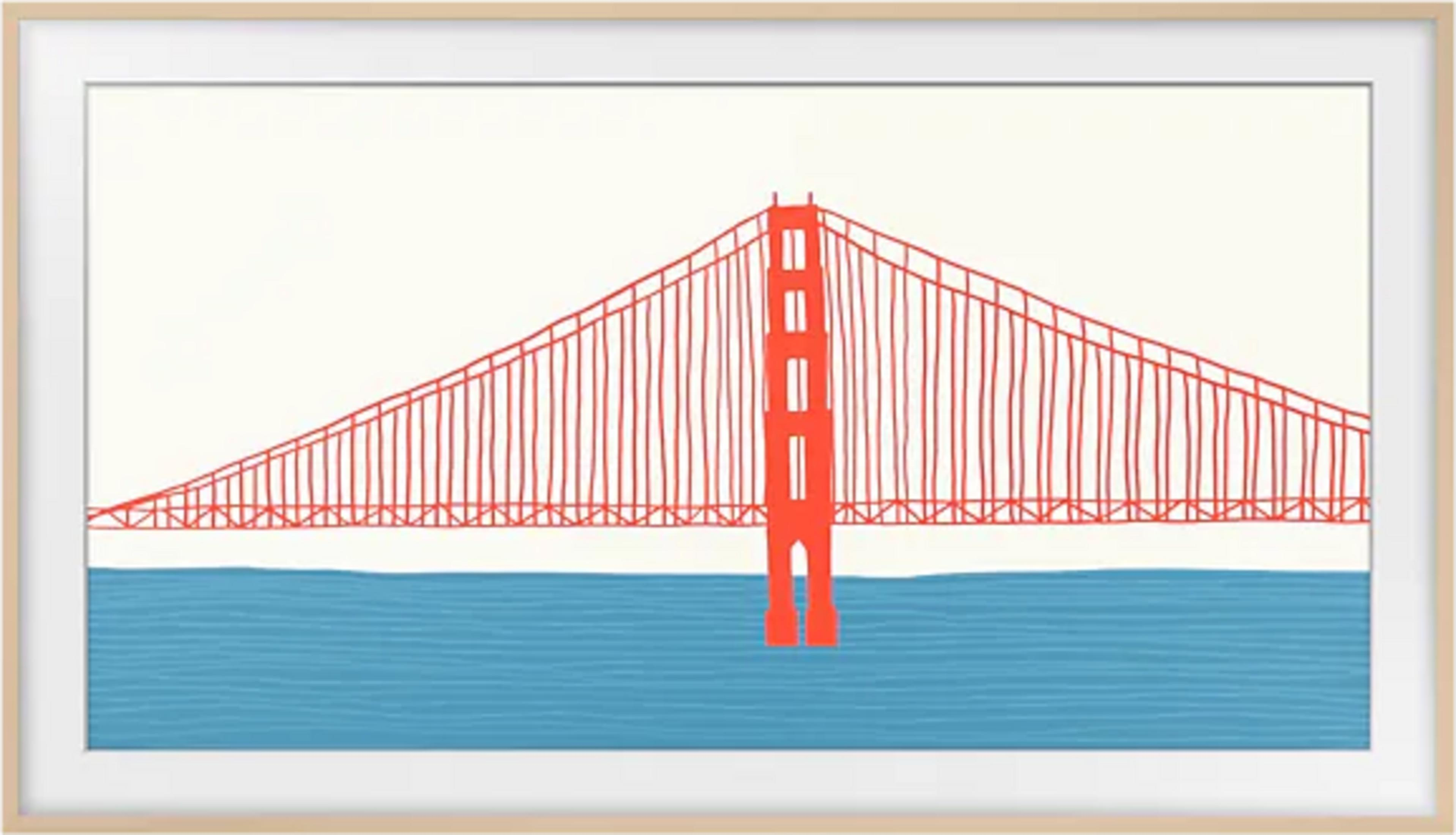 Eine stilisierte rote Hängebrücke über blauem Wasser vor weißem Hintergrund.