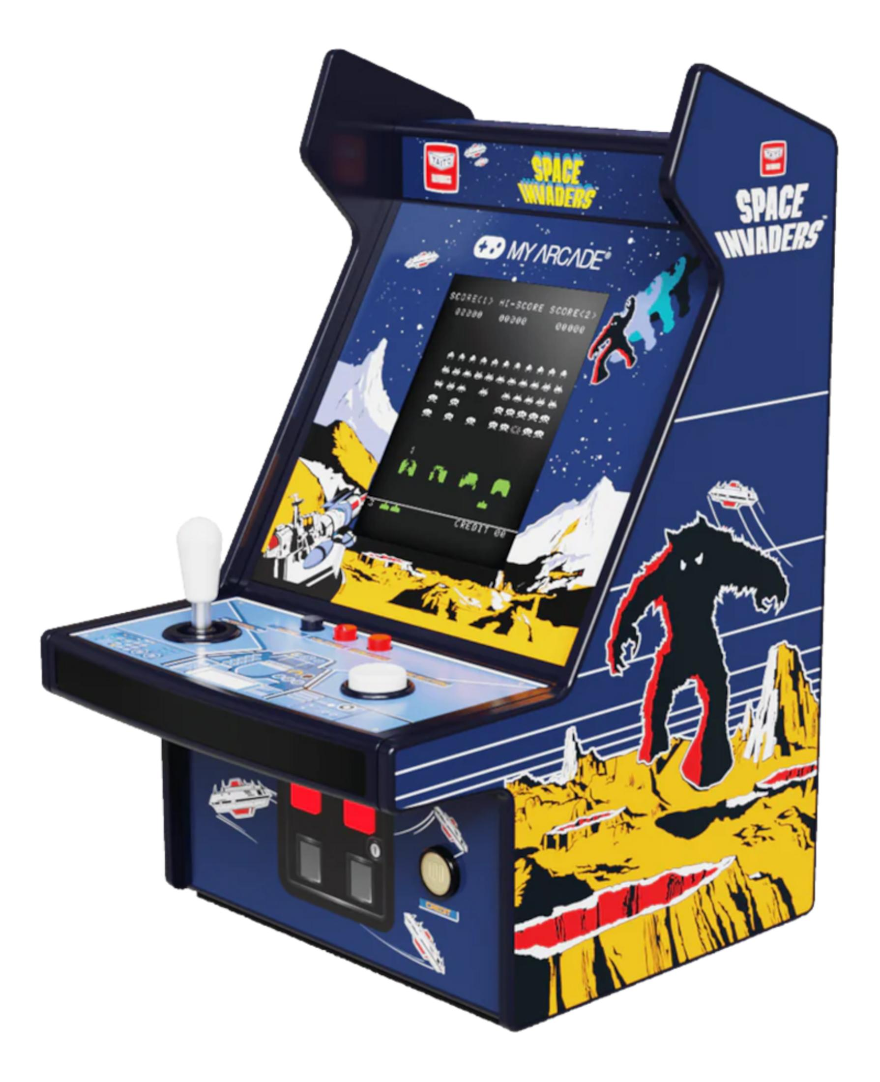 Macchina arcade Space Invaders con joystick, pulsanti e schermo di gioco.