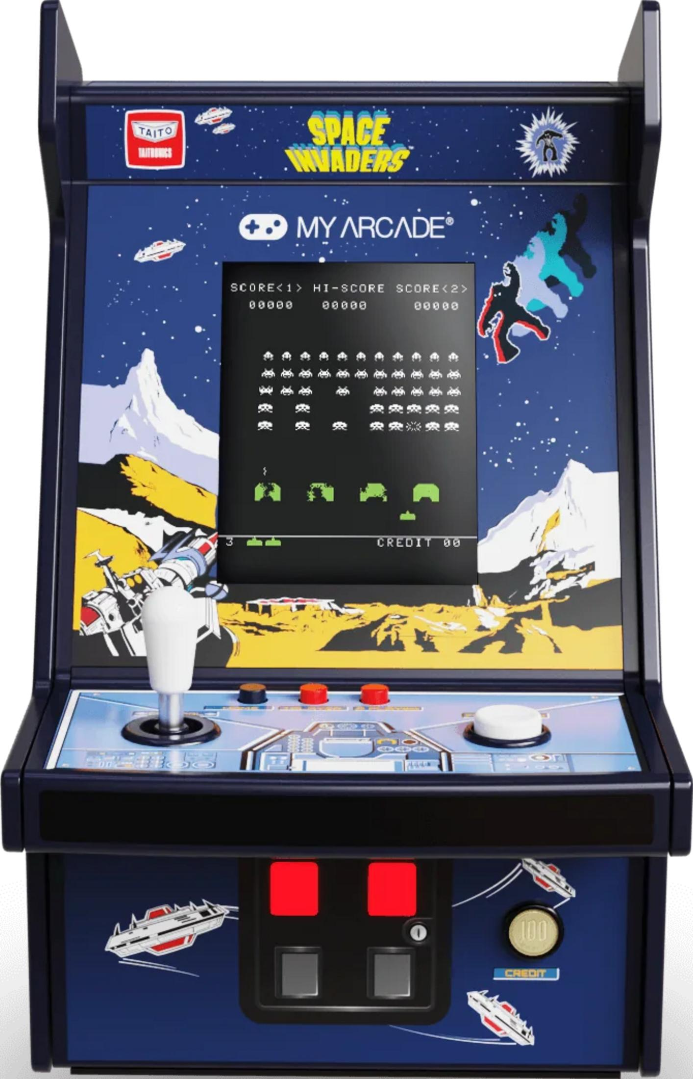 Macchina da gioco arcade retrò a tema Space Invaders con joystick.