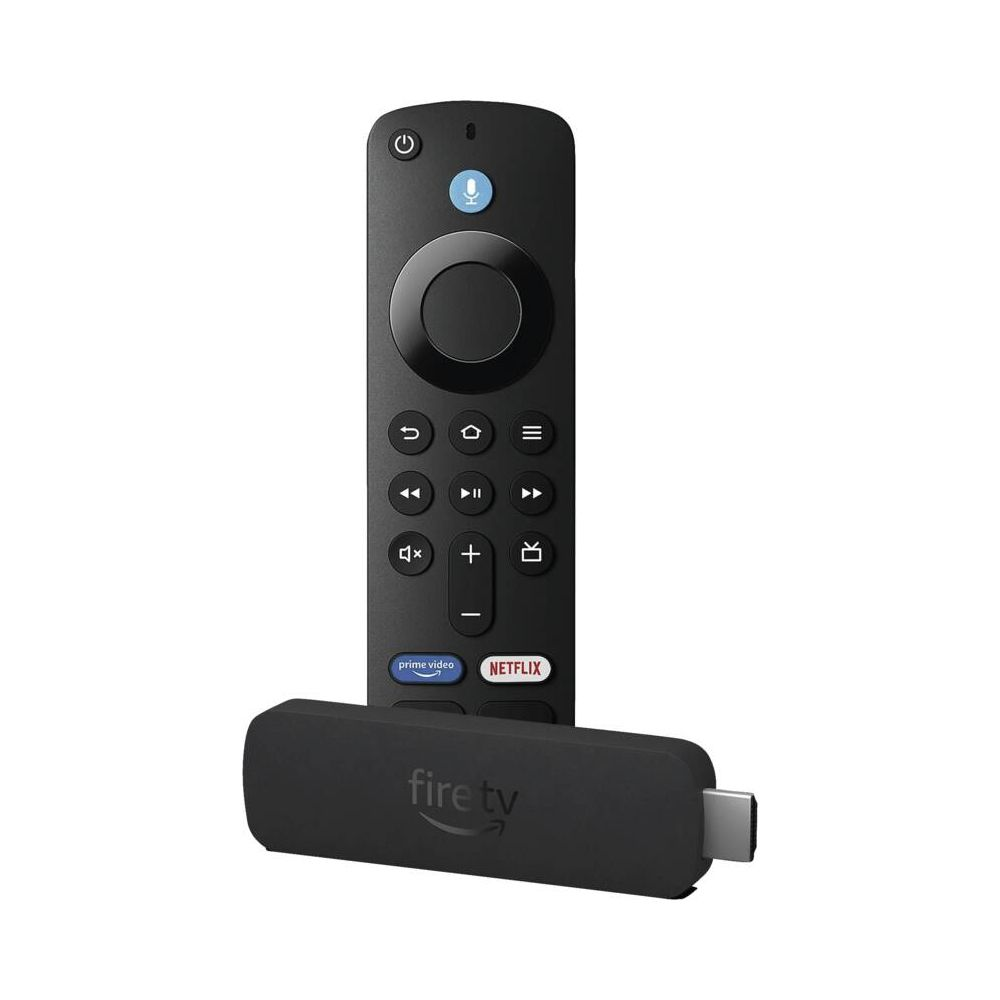 Schwarzer Fire TV-Stick mit Fernbedienung und Prime Video/Netflix-Tasten.