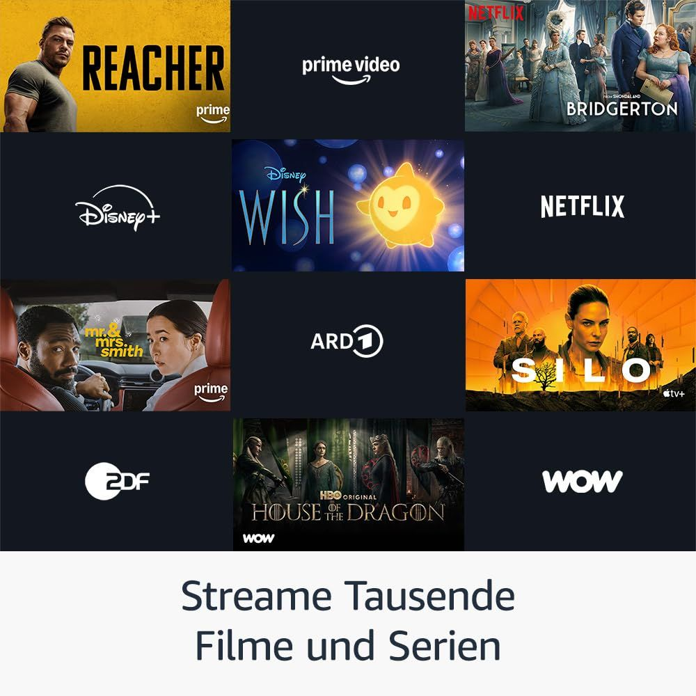 Collage mit Streaming-Diensten: Reacher, Prime Video, Bridgerton, Disney+, Wish, Netflix, Mr. & Mrs. Smith, ARD, Silo, 2DF, House of the Dragon, Wow.