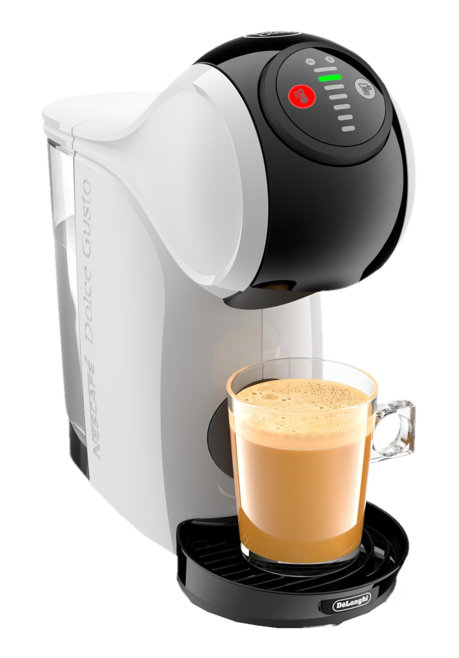 Macchina da caffè bianca con accenti neri e una tazza di caffè.