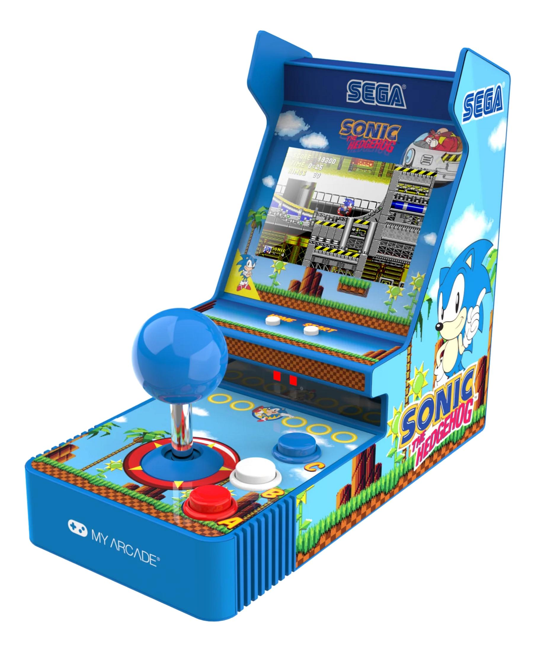 Blauer Sonic the Hedgehog Arcade-Automat mit Joystick und Tasten.