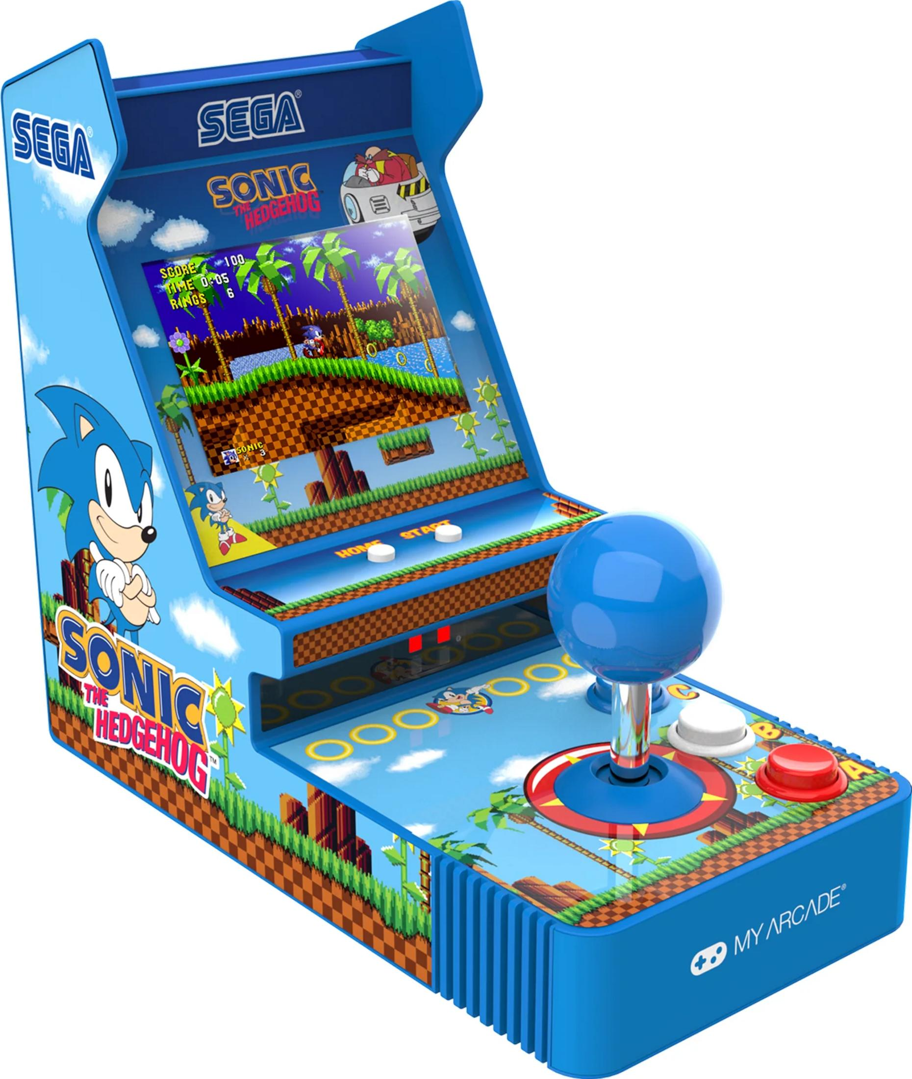 Eine blaue Sonic the Hedgehog Arcade-Maschine mit Joystick und Knöpfen.