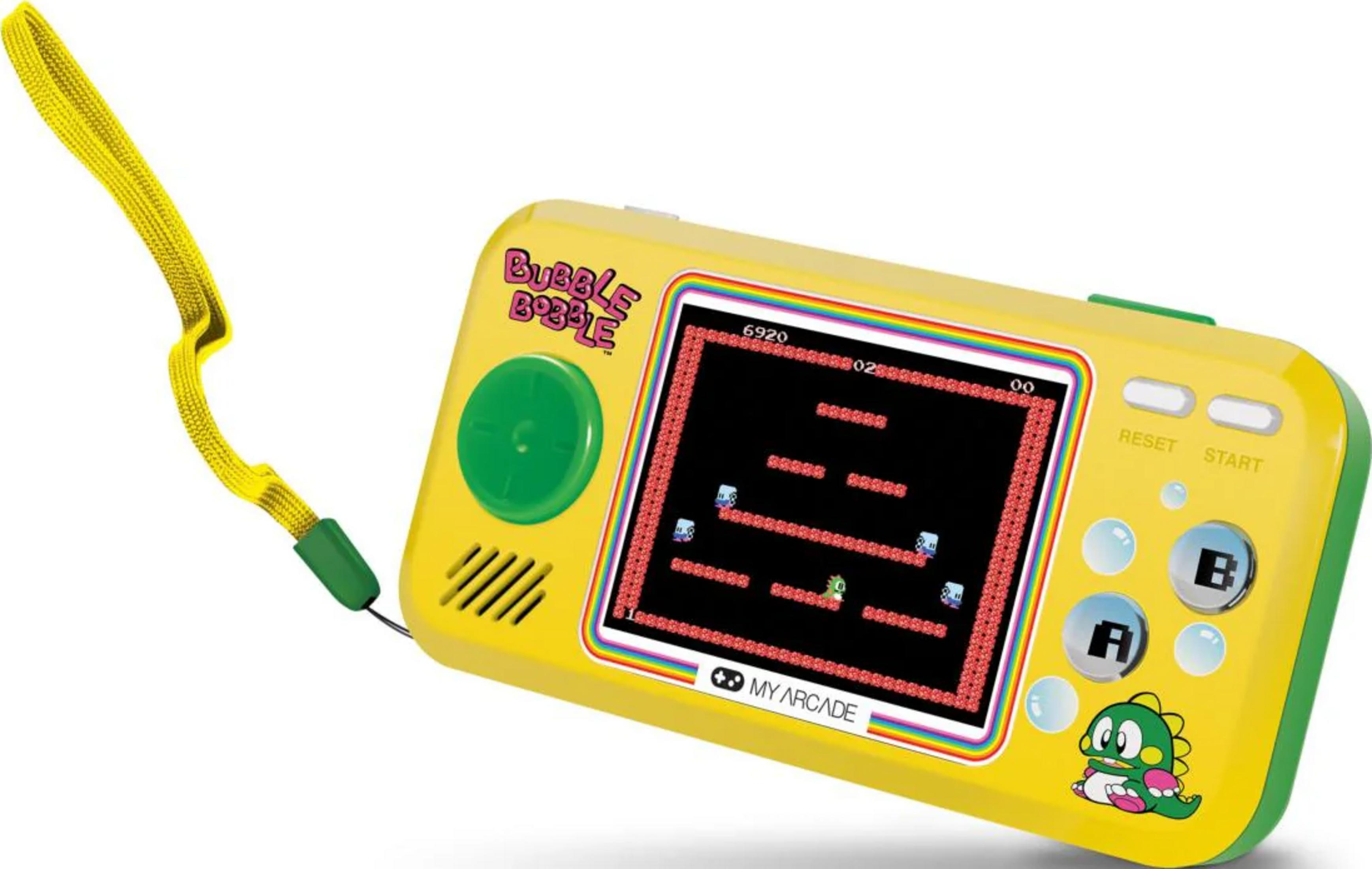 Ein gelbes Handheld-Spielgerät mit Bubble Bobble-Grafik und einem grünen Joystick.