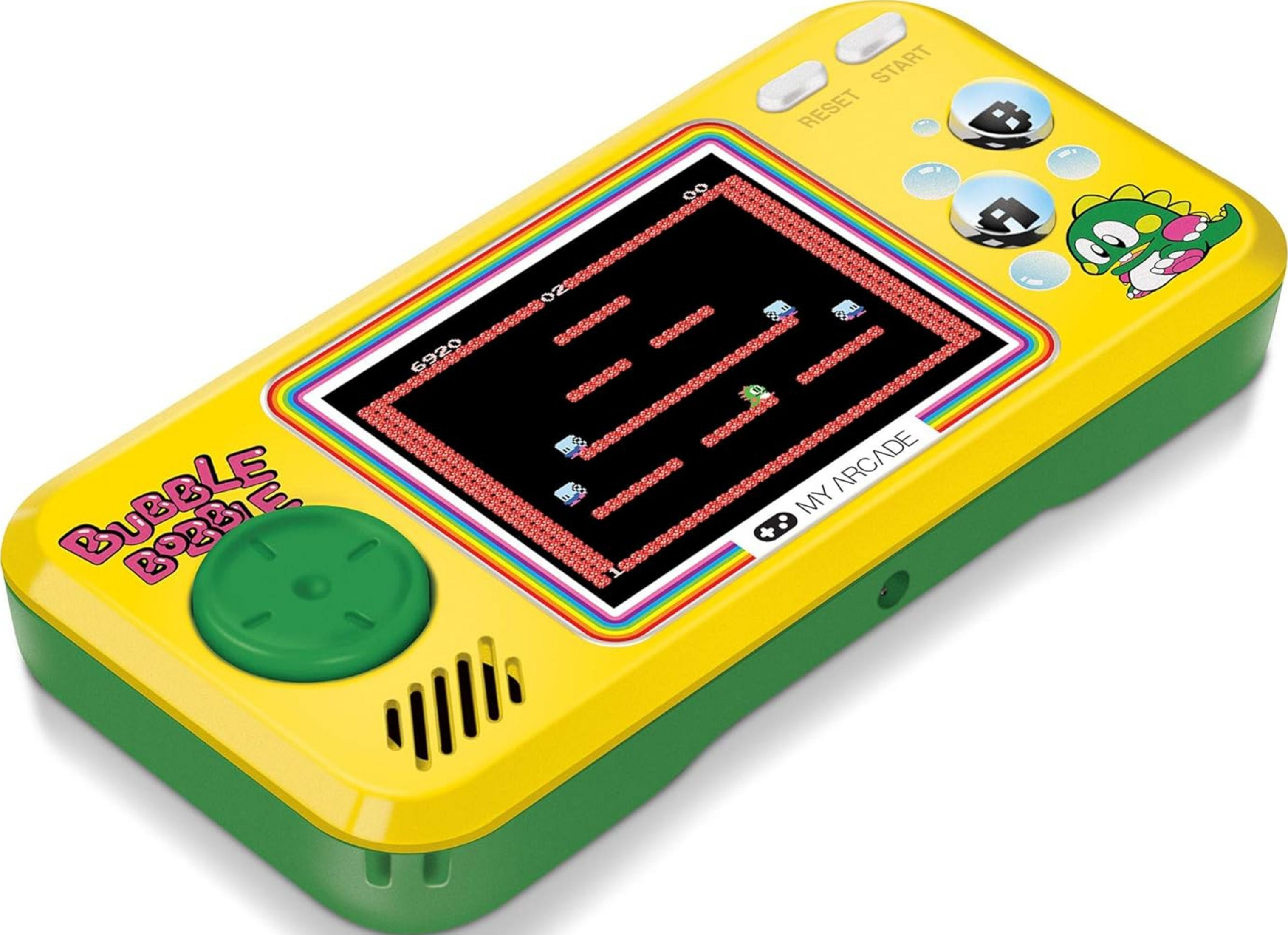 Gelbes Handheld-Spielgerät mit grünem Gehäuse, das das Spiel Bubble Bobble zeigt.