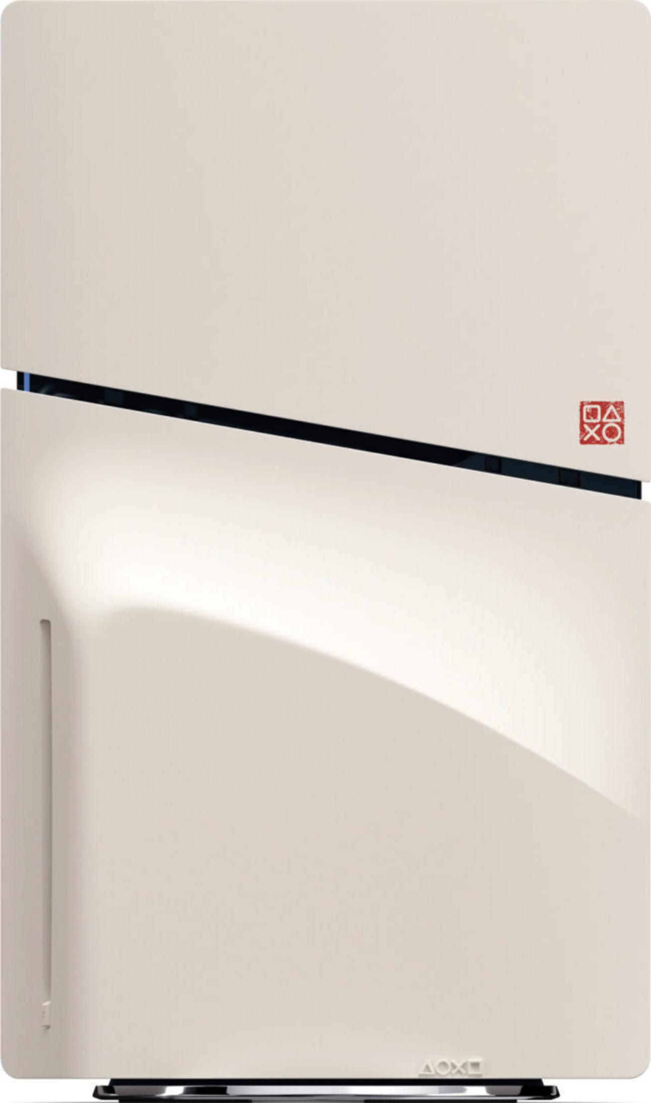 Biała konsola do gier z czerwonym logo PlayStation na górze.