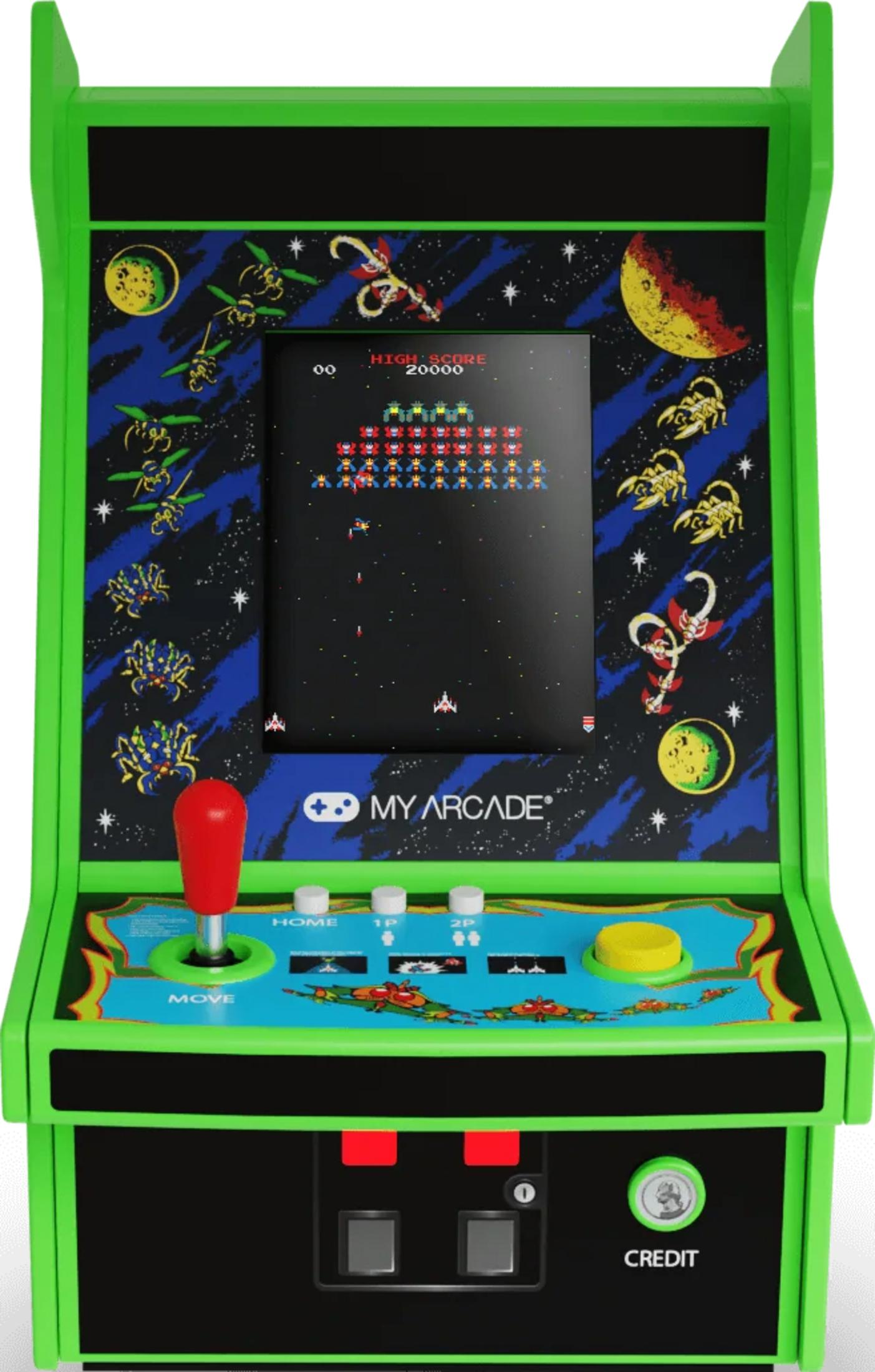 Zielony automat z grą kosmiczną na ekranie i joystickami.