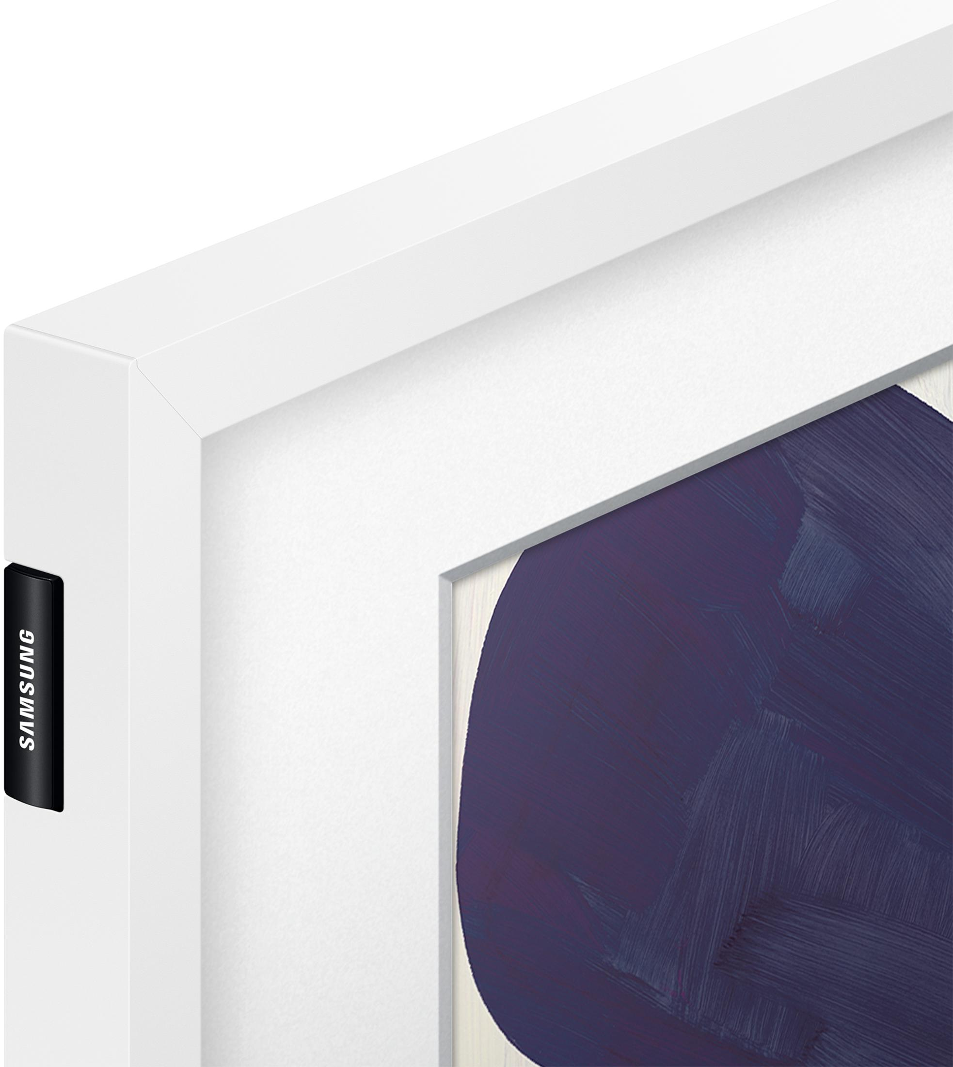 Een wit frame met paarse abstracte kunst. Samsung logo aan de linkerkant.
