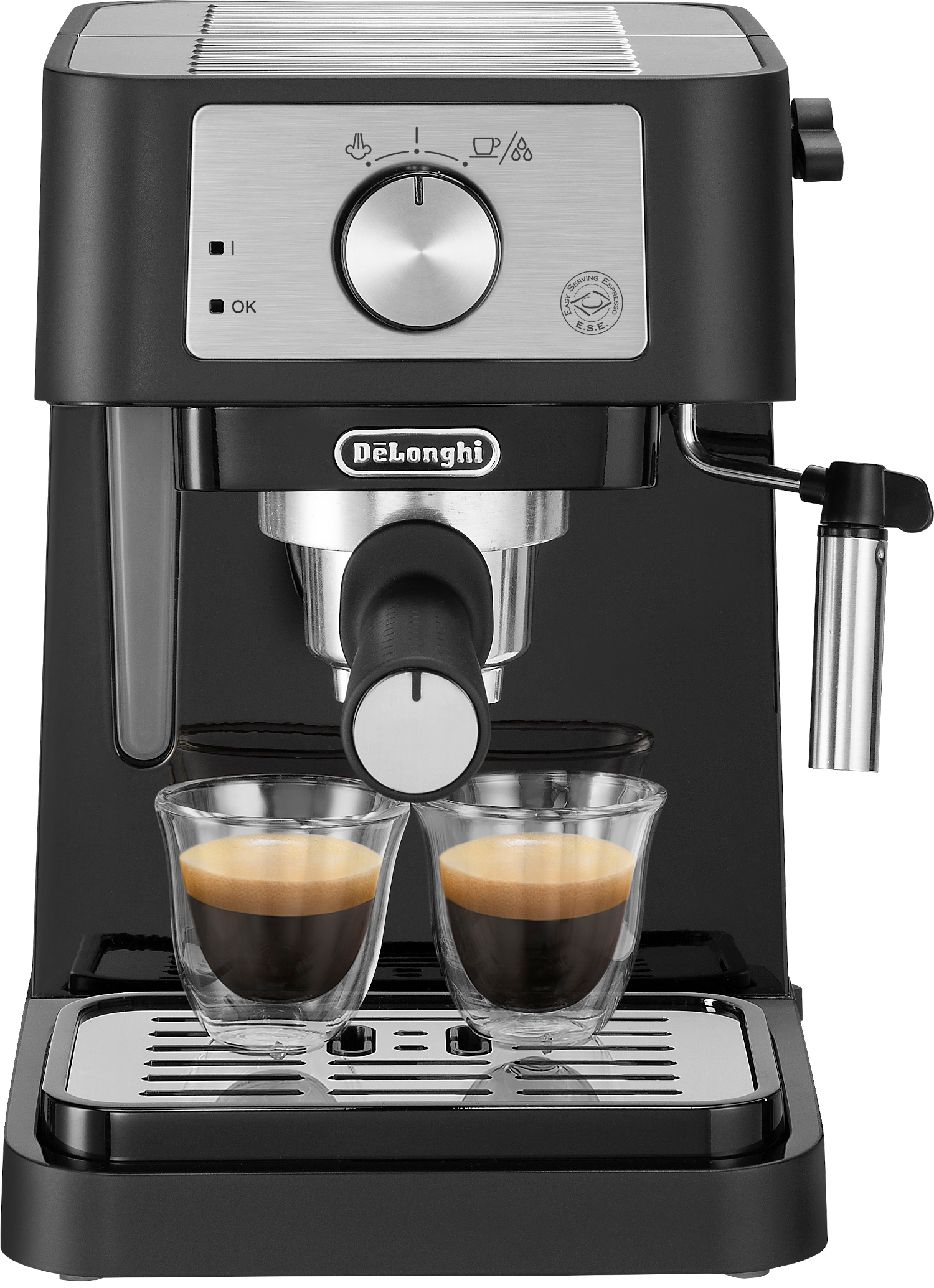 Czarna ekspres do kawy z dwoma pełnymi szklankami na tacce ociekowej.