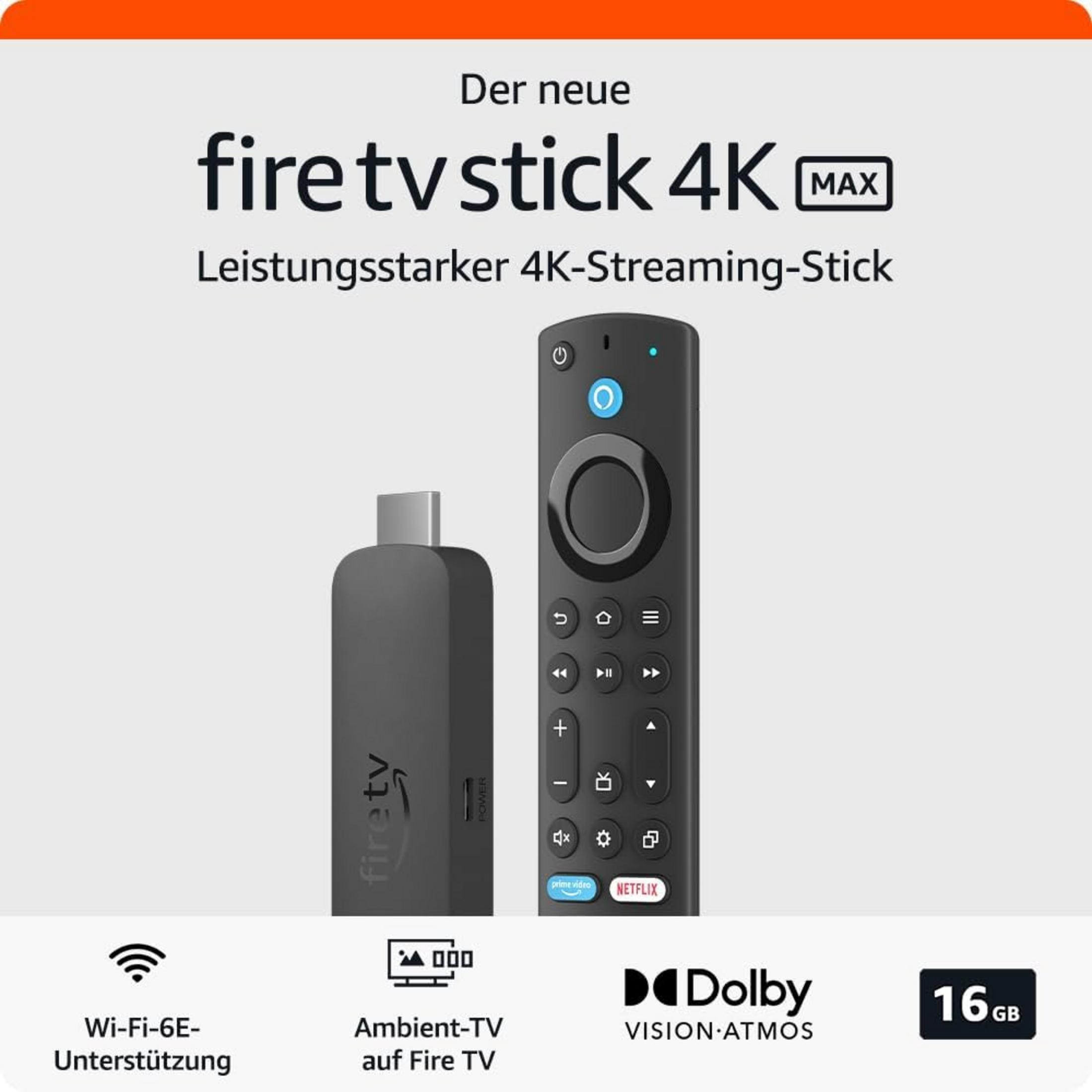 Der neue Fire TV Stick 4K Max mit Fernbedienung, Wi-Fi 6E, Ambient-TV.
