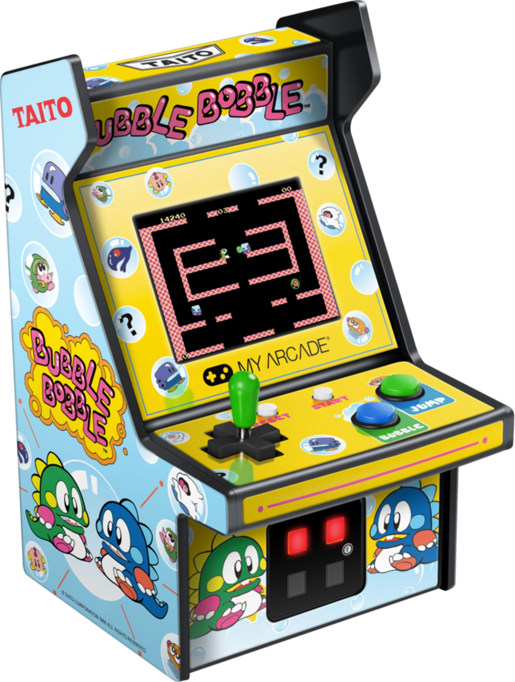 Ein Mini-Arcade-Automat mit Bubble Bobble-Design, gelbem Bedienfeld und Joystick.