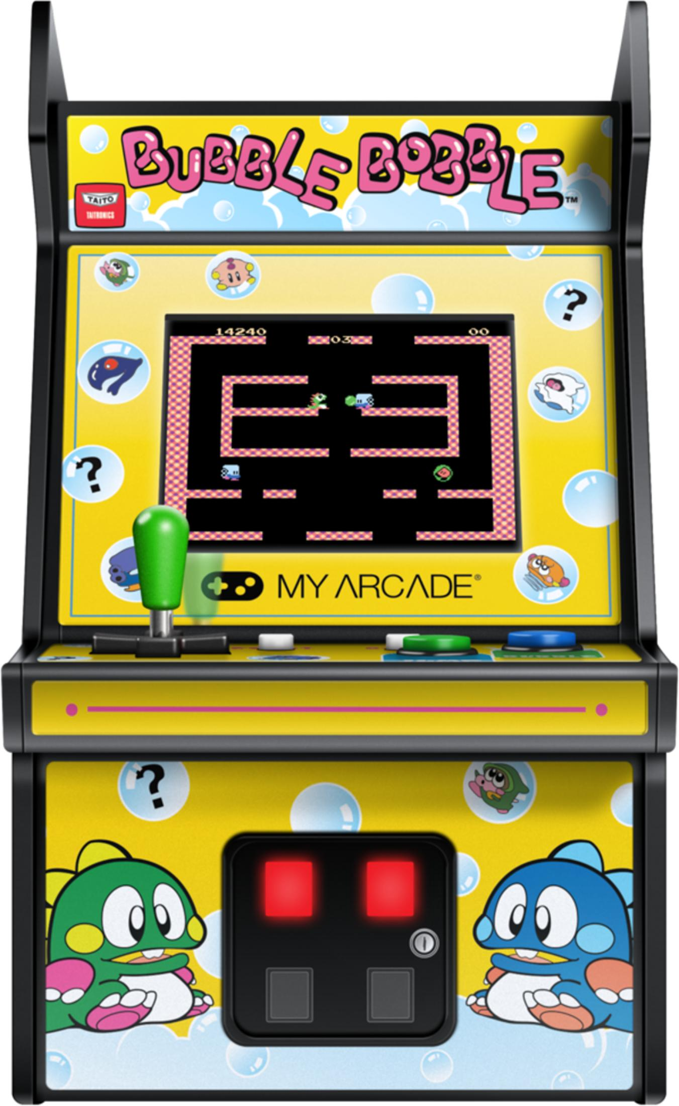 Ein gelbes Arcade-Gehäuse mit "Bubble Bobble"-Logo und Spielbildschirm.