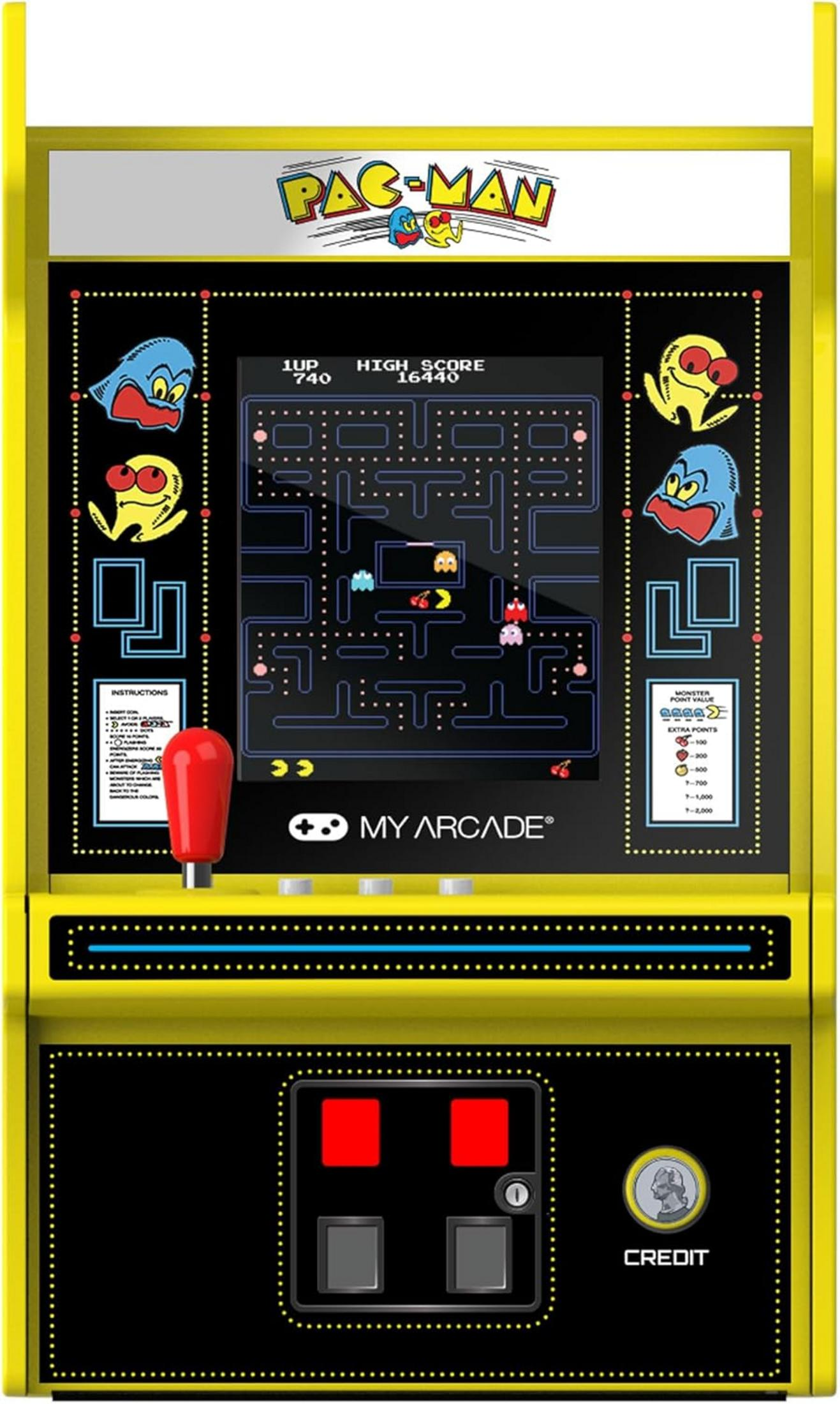Żółta maszyna zręcznościowa z ekranem gry Pac-Man, joystickiem i przyciskami.