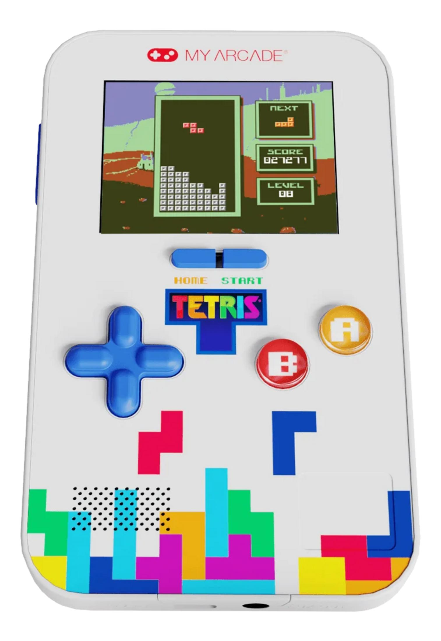 Biała przenośna konsola do gier Tetris z niebieskimi przyciskami i ekranem pokazującym Tetris.