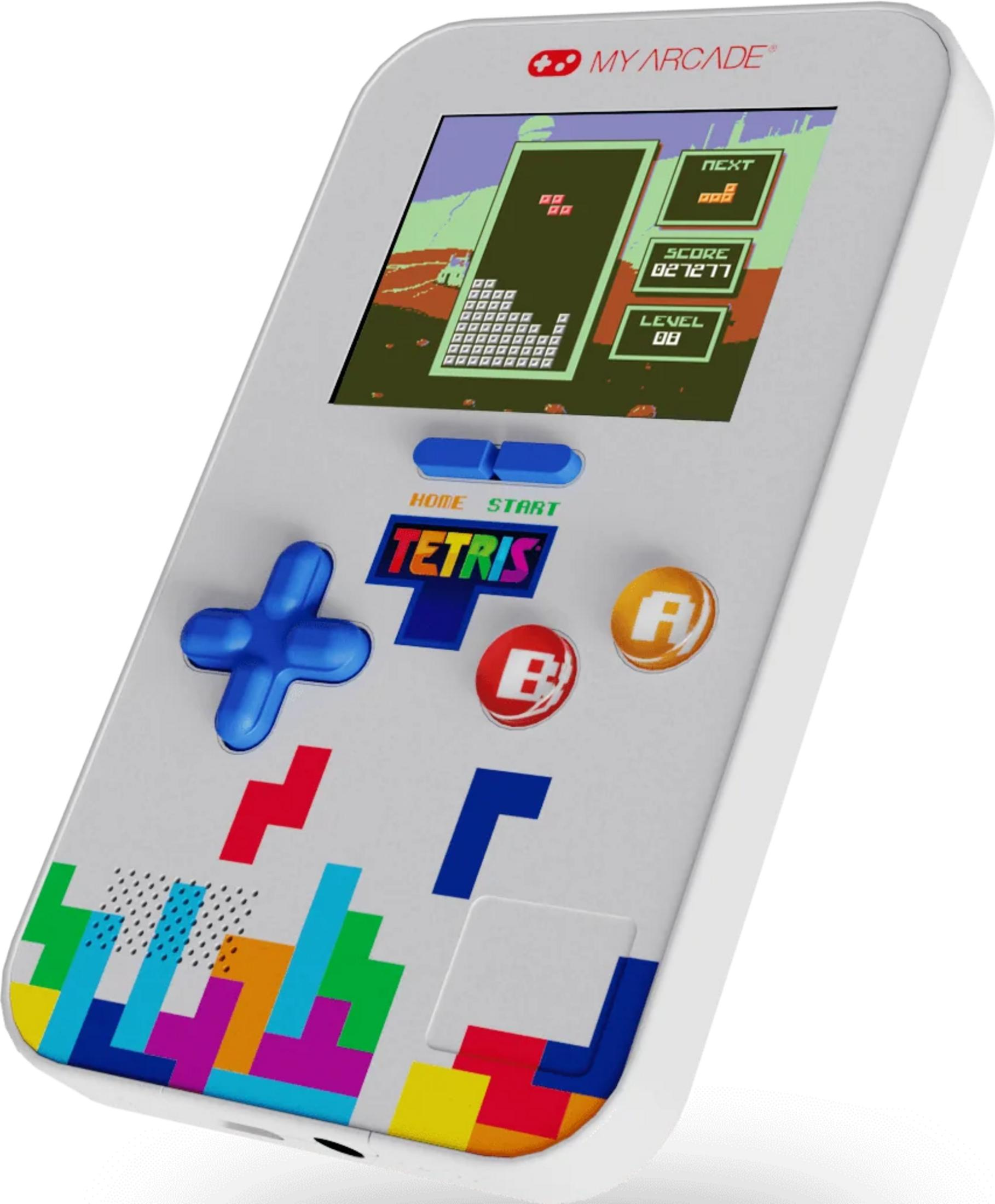 Białe przenośne urządzenie do gry Tetris z kolorowymi klockami Tetris z przodu.