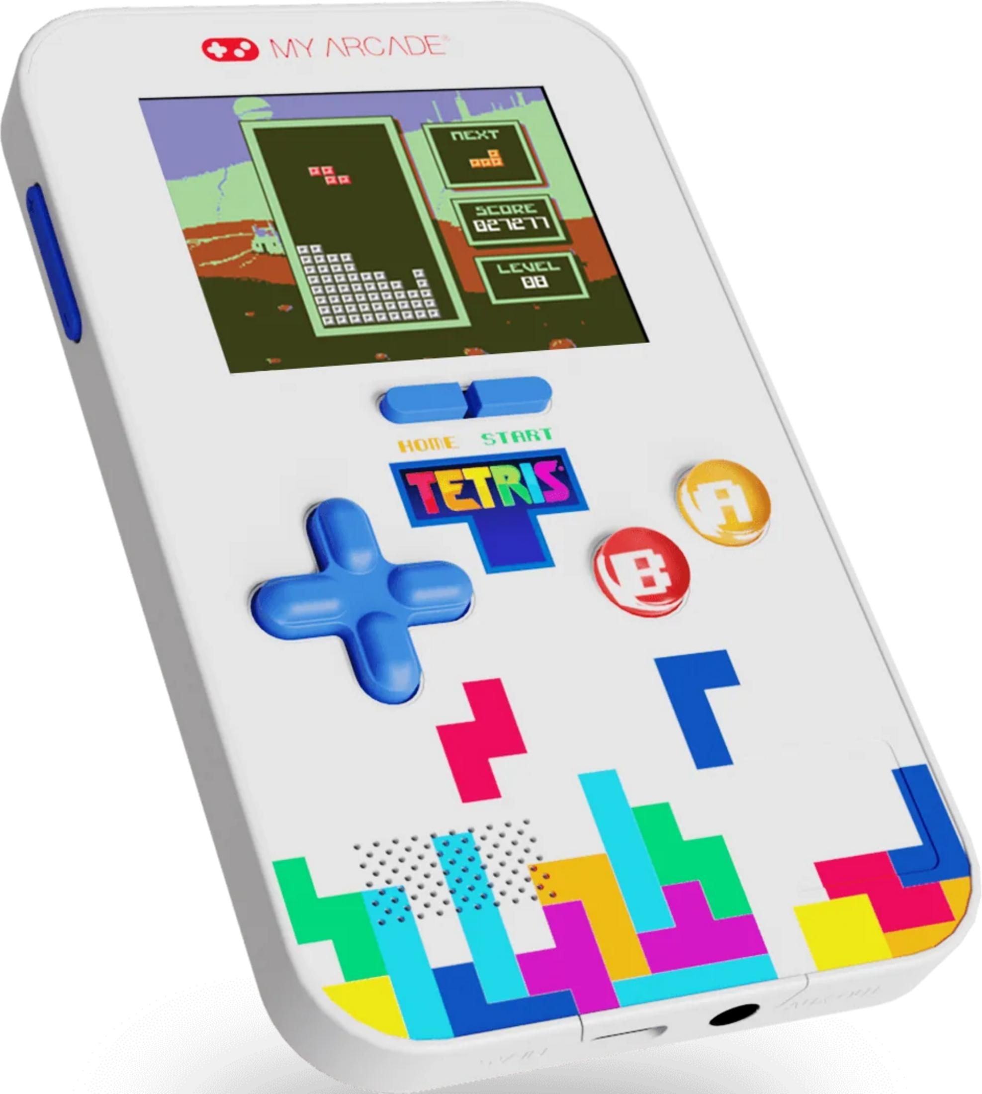 Białe przenośne urządzenie do gry Tetris z kolorowymi Tetrominami i niebieskimi przyciskami.