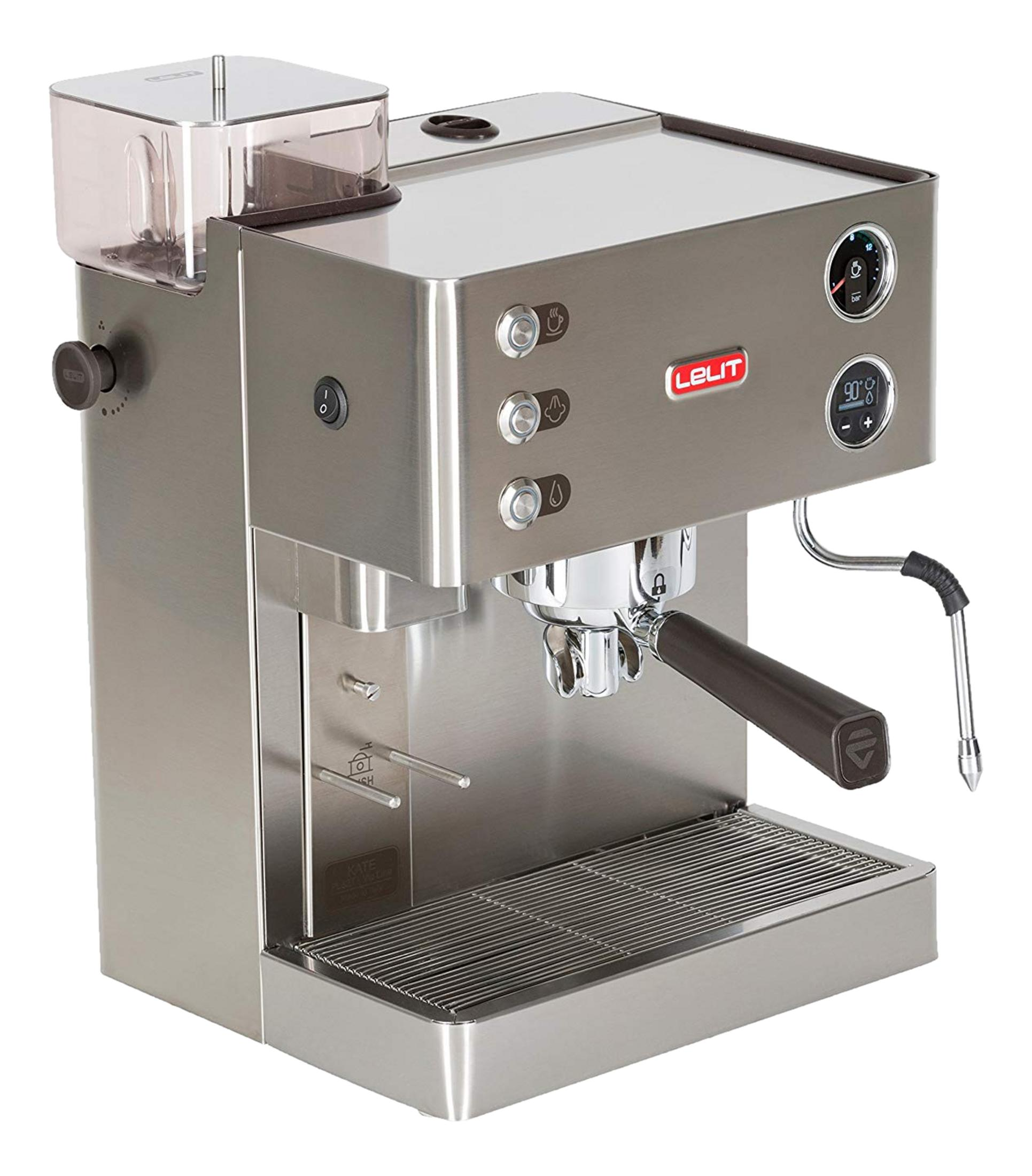 Srebrna maszyna do espresso z zasobnikiem na ziarna, przyciskami i dyszą pary.