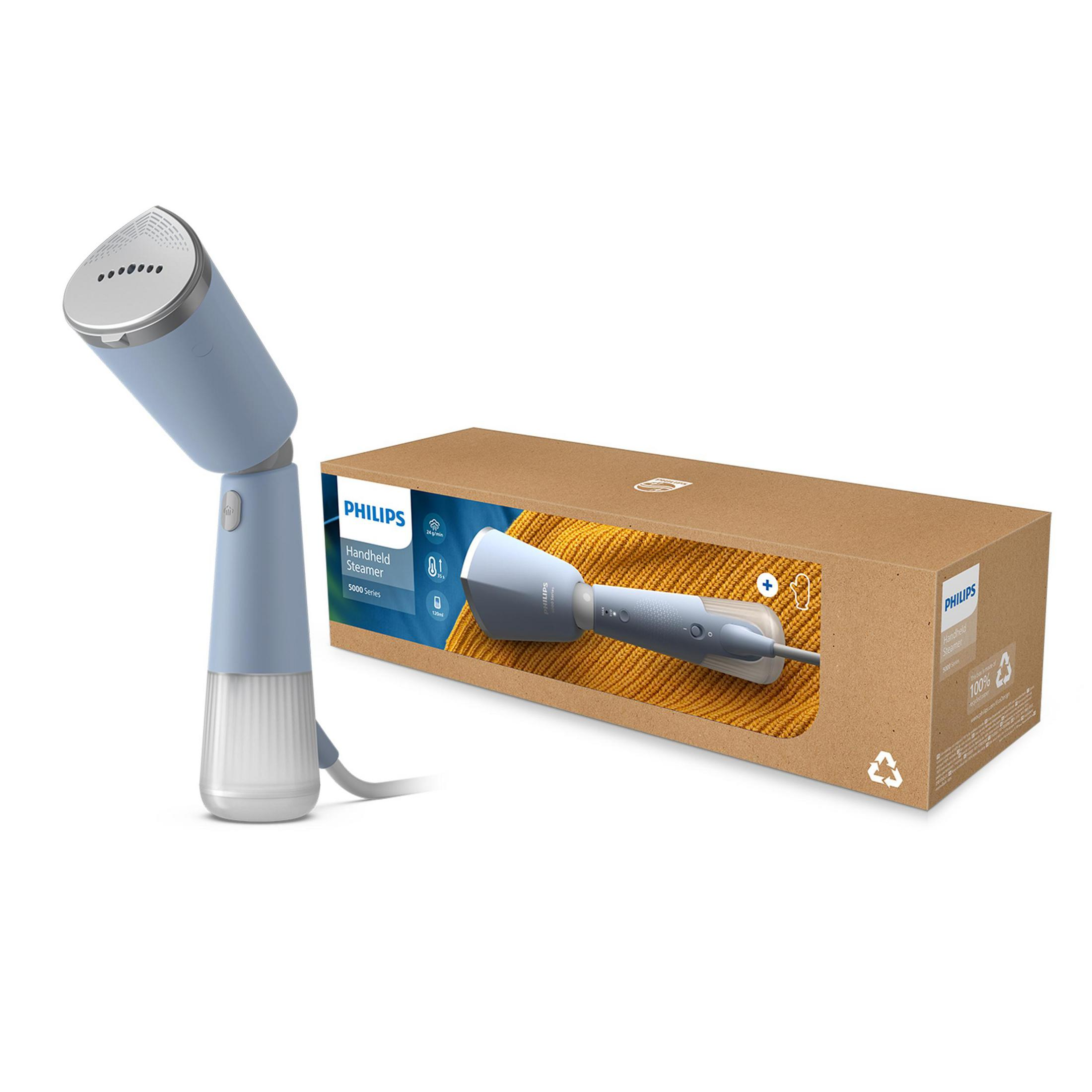 Ein hellblauer Philips Handheld Steamer neben seiner Verpackung.