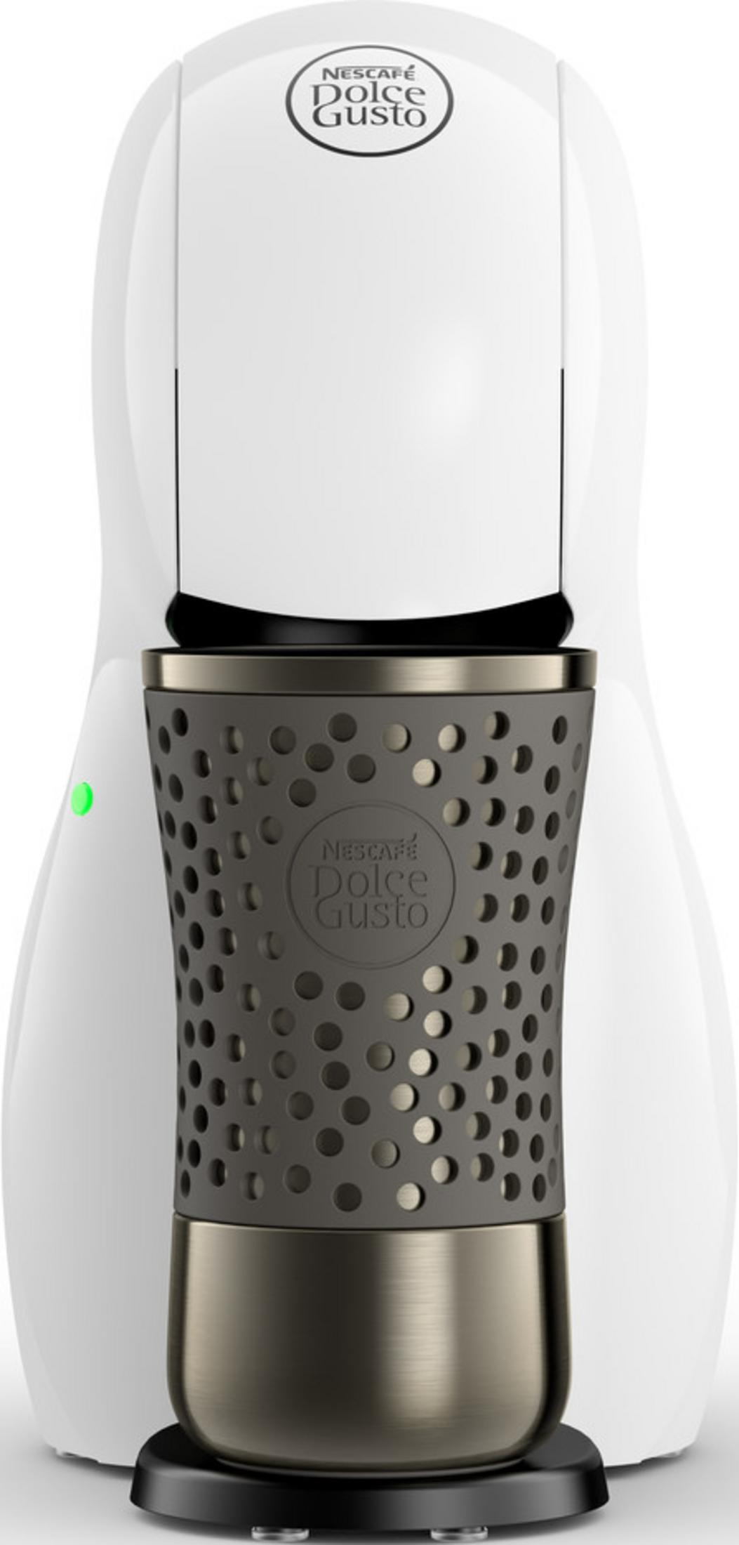 Weiße Kaffeemaschine mit grauem Becher und silbernem Boden. Grünes Licht leuchtet.