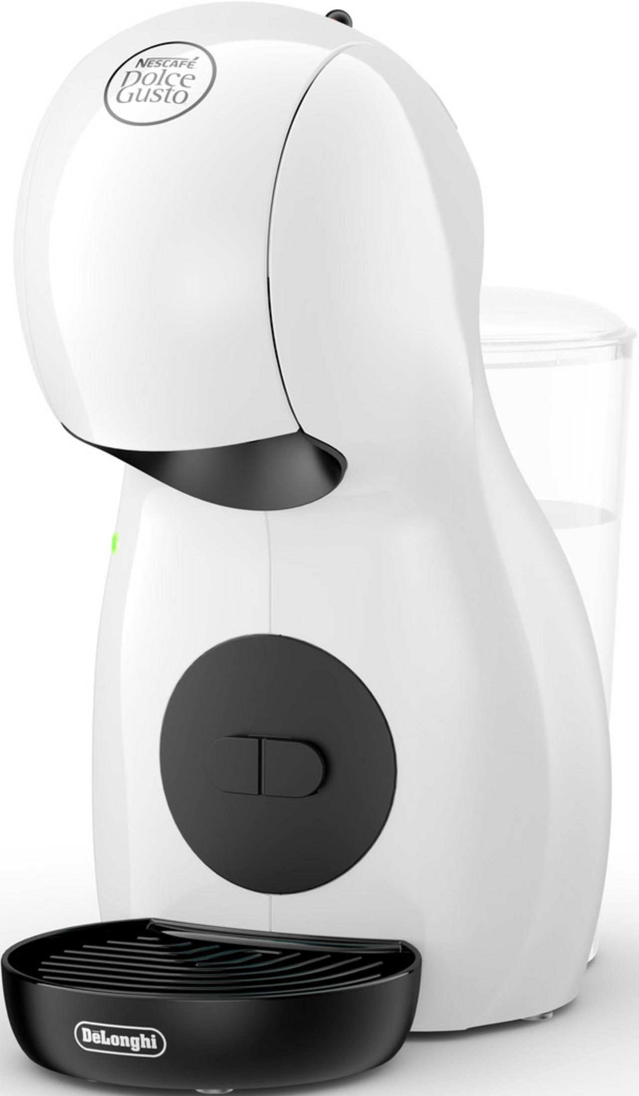 Eine weiße Kaffeemaschine mit Nescafé Dolce Gusto Logo und schwarzer Tropfschale.