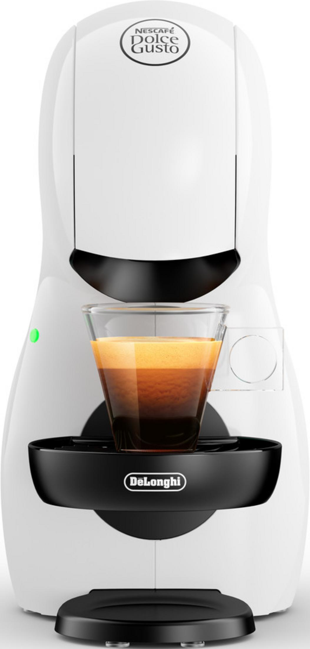 Weiße Nespresso-Kaffeemaschine mit einer Tasse Espresso und Schaum.