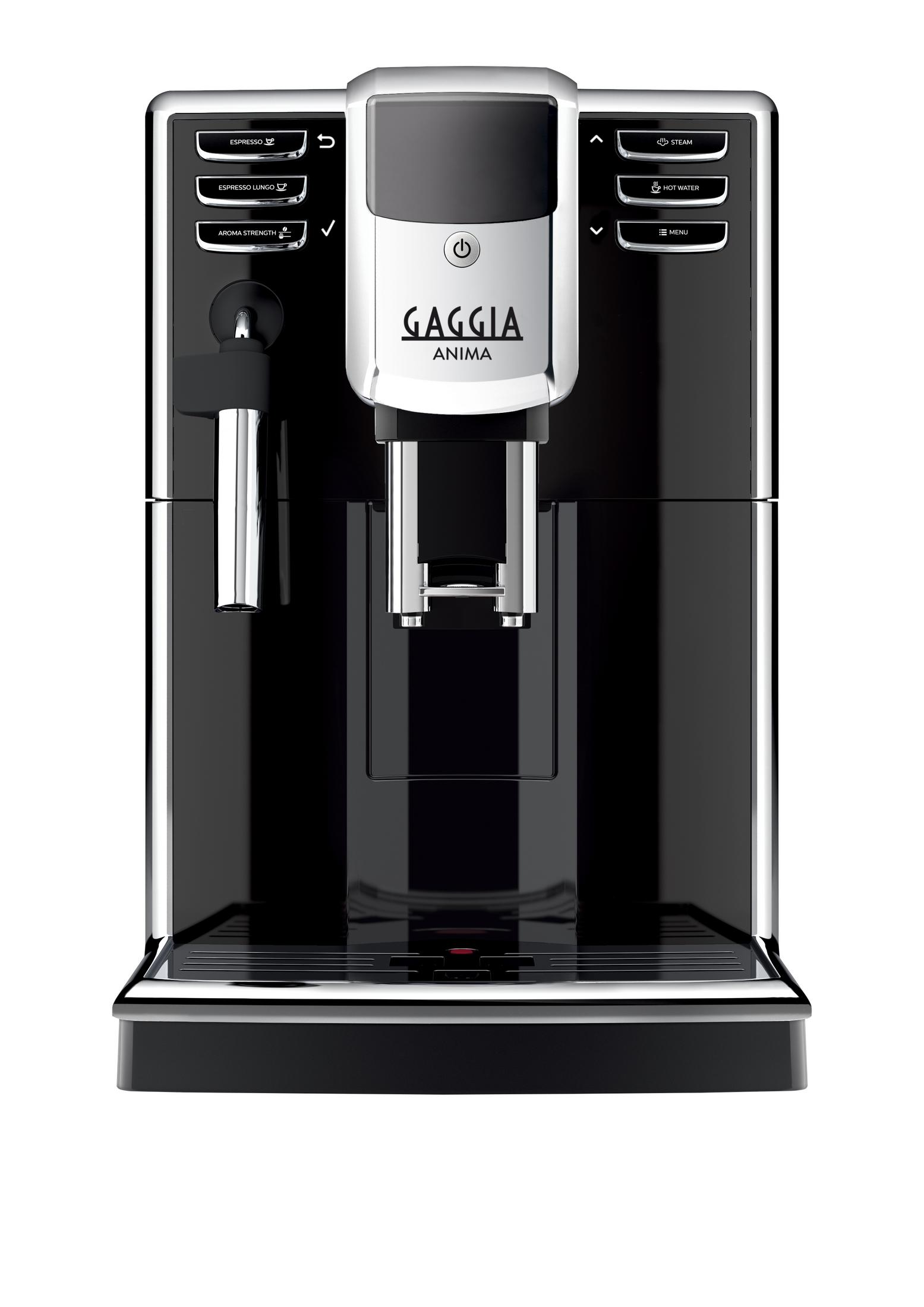 Czarny ekspres do kawy Gaggia Anima z srebrnymi przyciskami i wyświetlaczem.