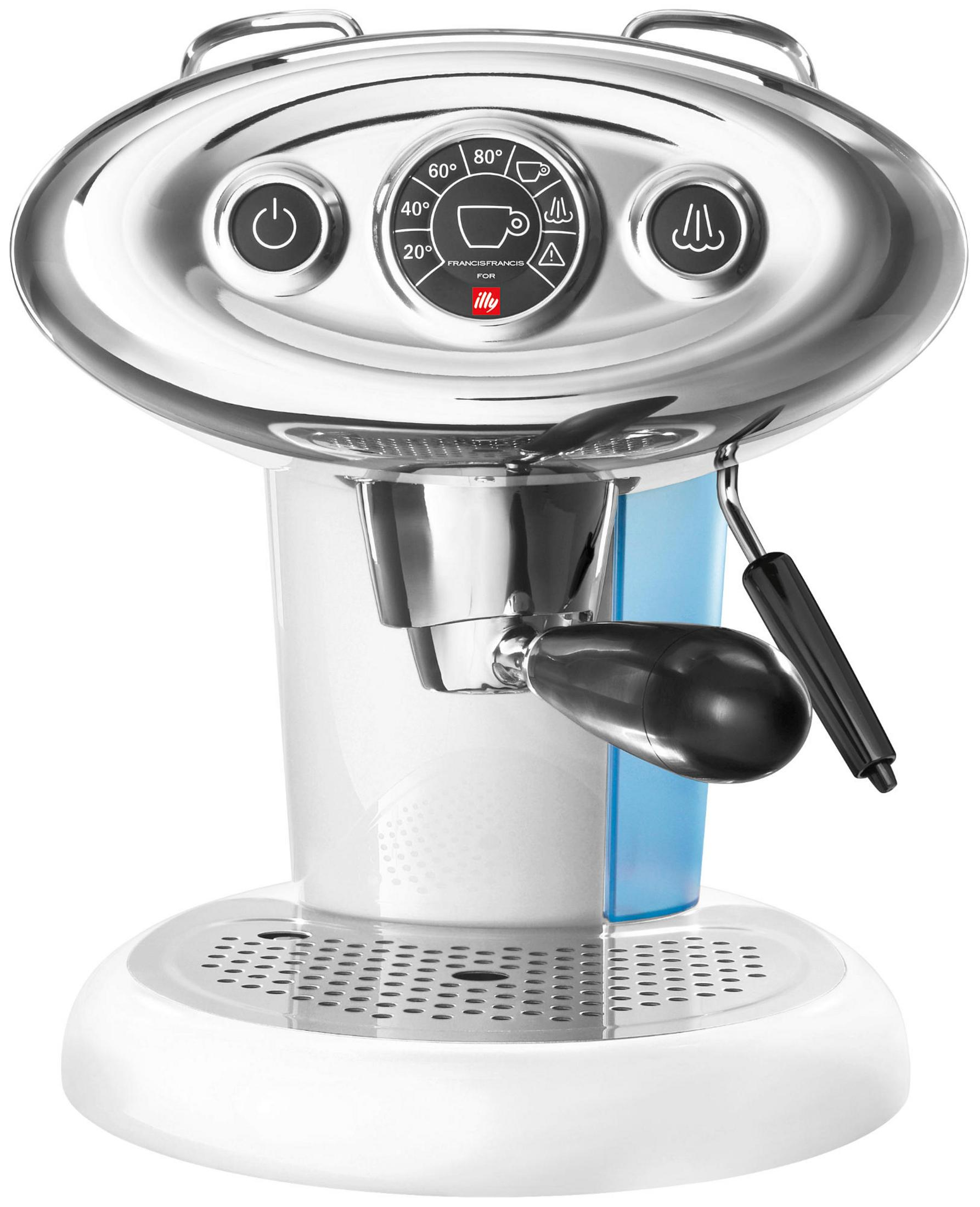 Eine weiße und blaue Espressomaschine mit silbernen Bedienelementen und einem schwarzen Griff.