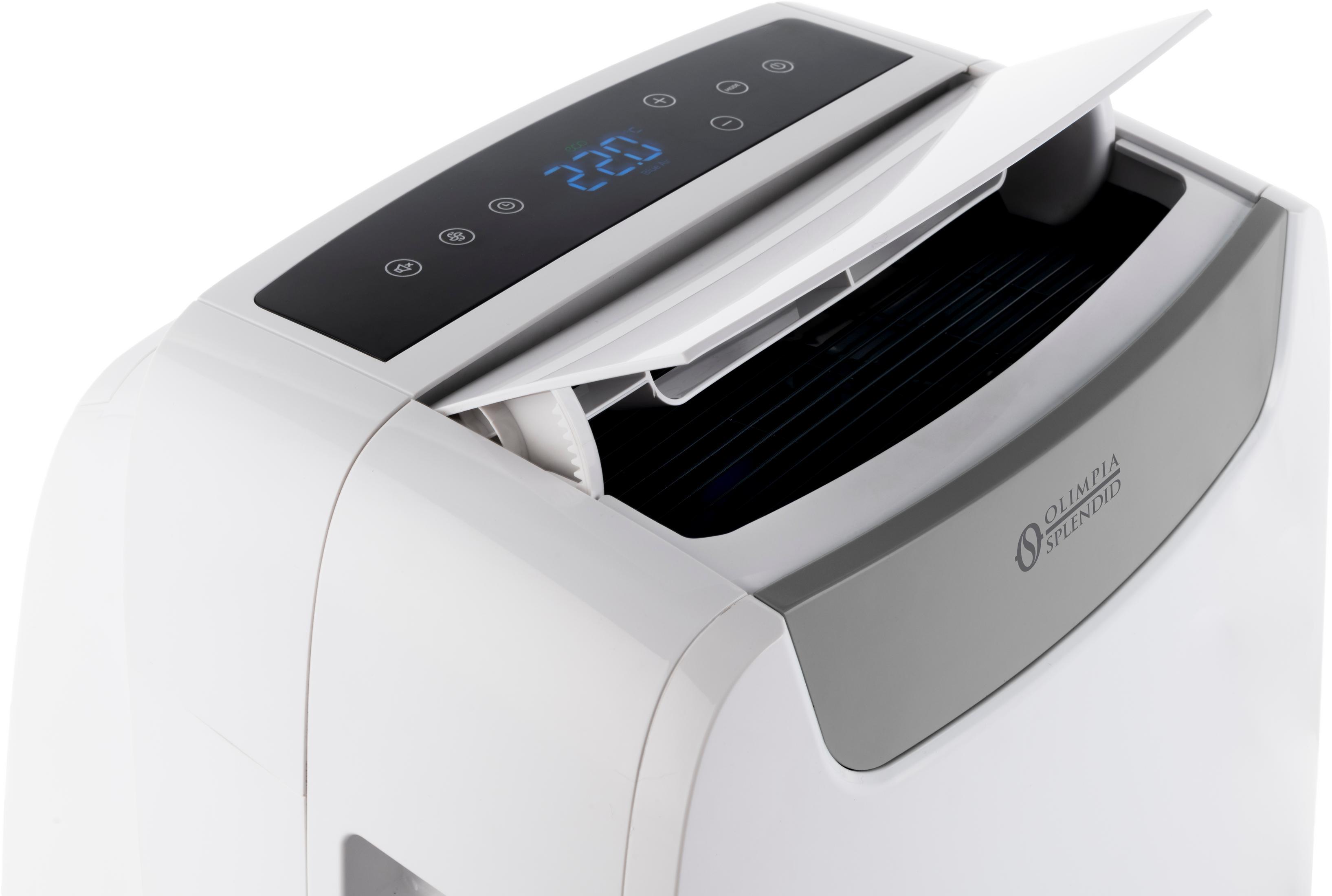 Raffrescatore portatile per aria condizionata bianco con display digitale e coperchio aperto.