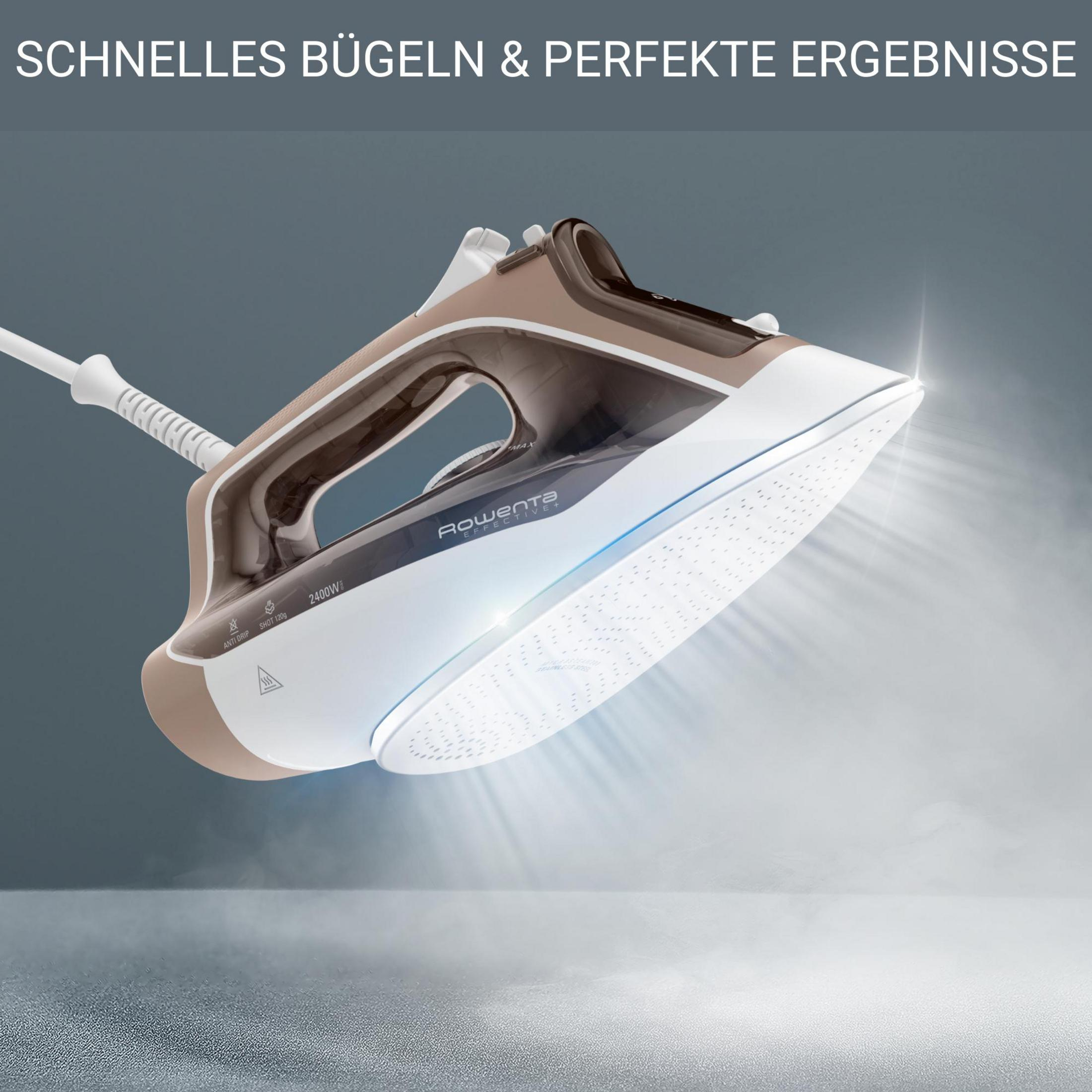 Nowoczesne, brązowo-białe żelazko parowe unosi się, emitując strumienie pary.