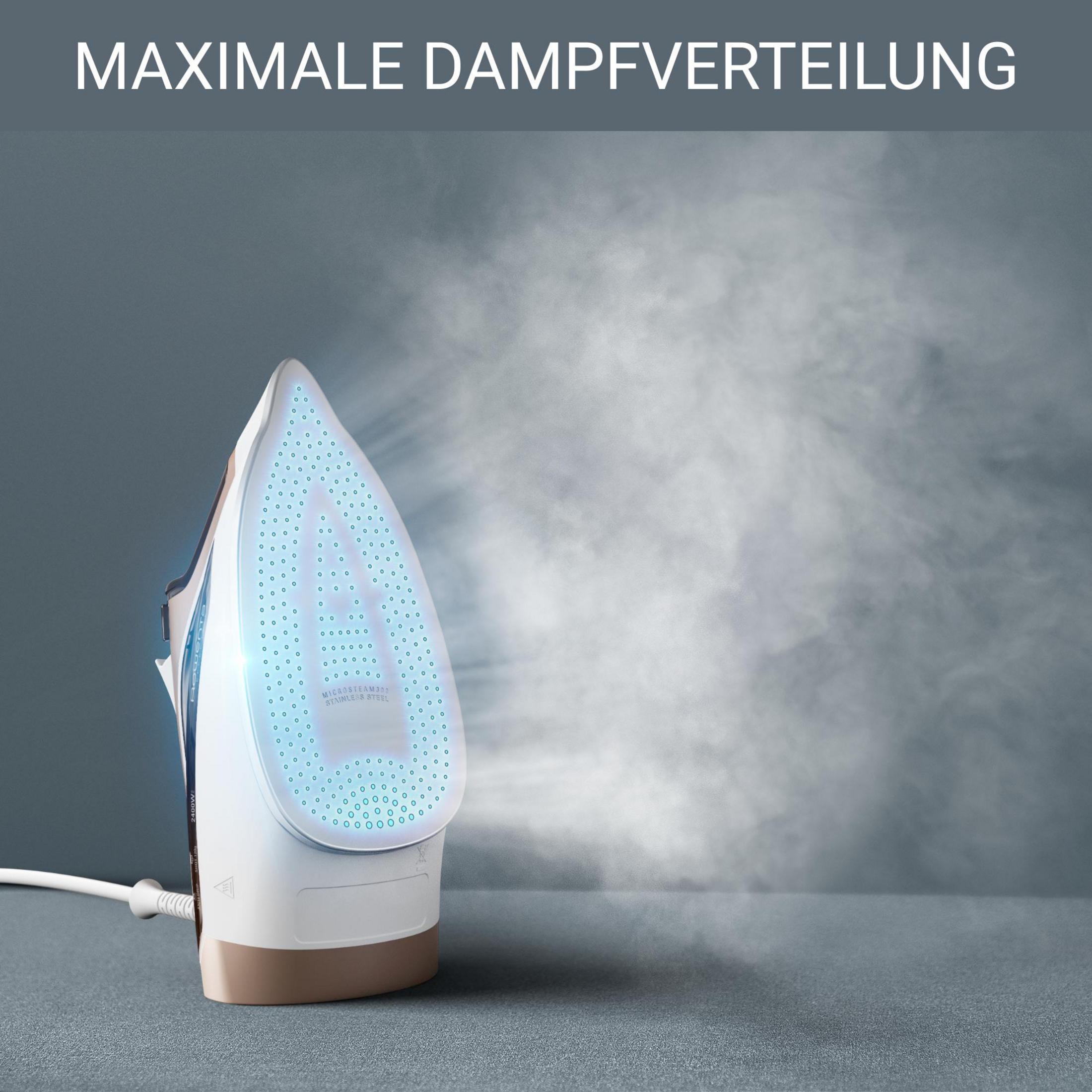 Żelazko z parą i niebieskimi światłami na szarym tle.