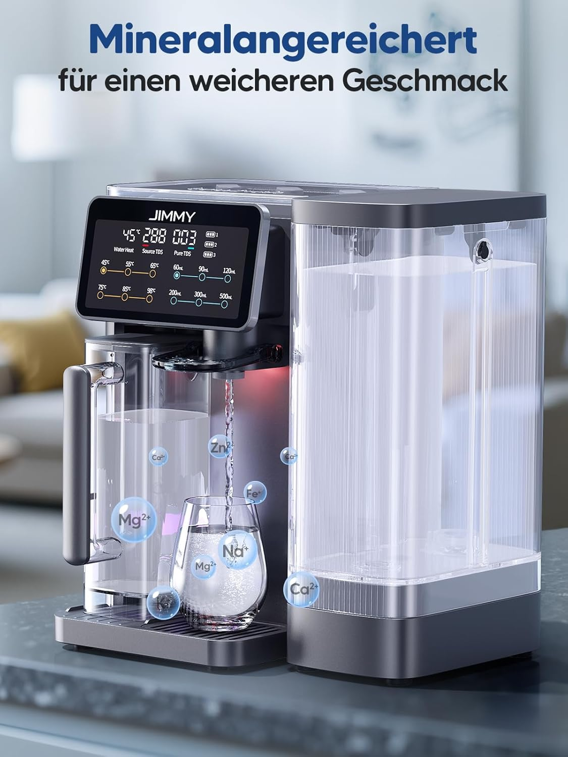 Ein Wasserspender mit digitalem Display, der Wasser mit Mineralien anreichert.
