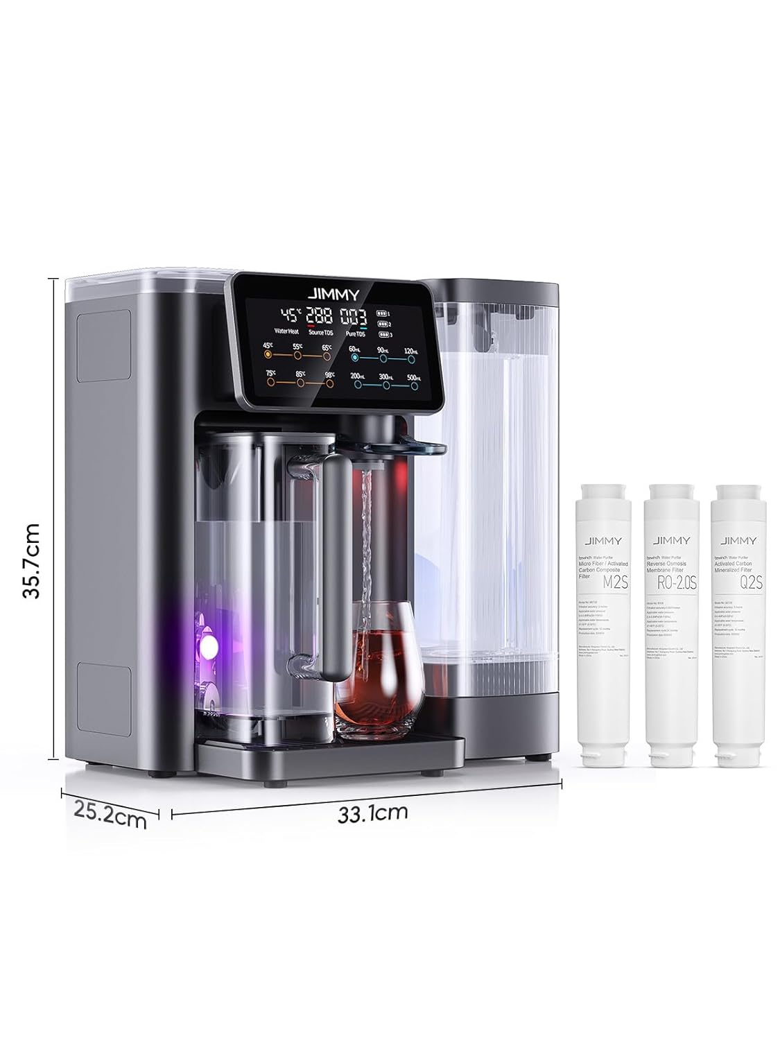 Ein schwarzer Jimmy Wasserfilter mit digitalen Anzeigen und drei Ersatzfiltern daneben.